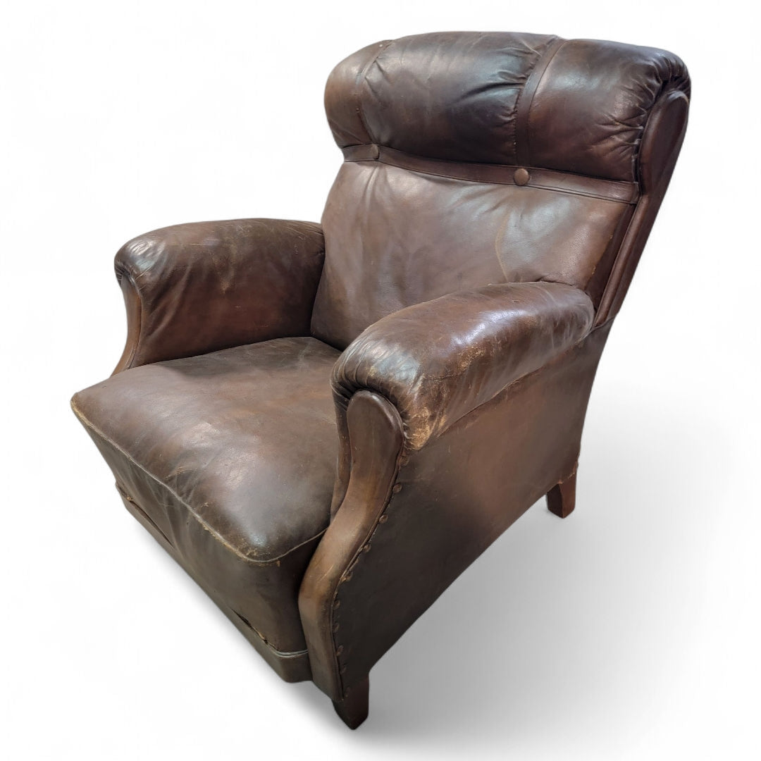 French Art Deco Distressed Leather Lounge Club Chair