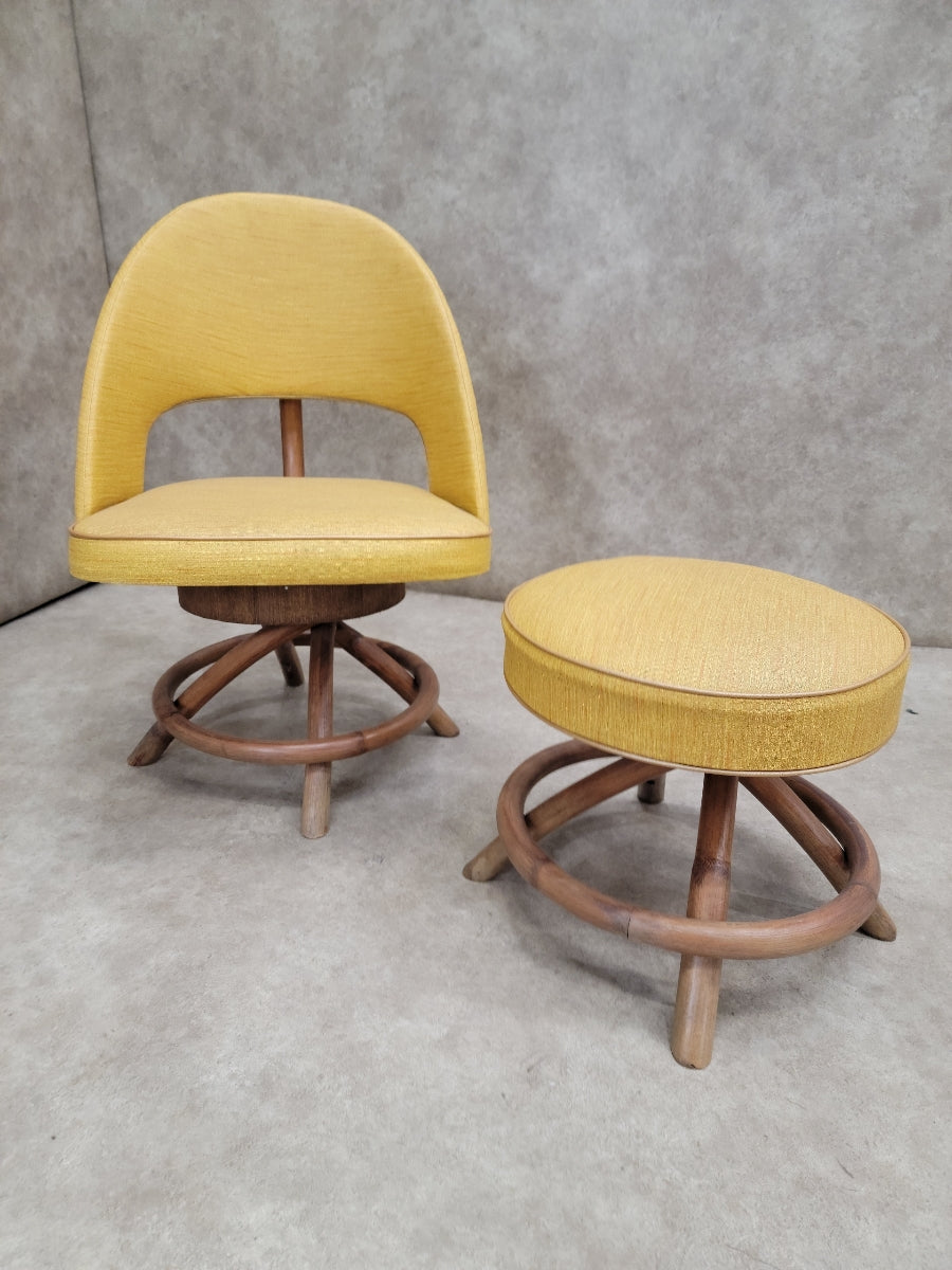 Mid Century Modern Saarinen Style Rattan Swivel Base Chair and Ottoman - 2 Piece Set