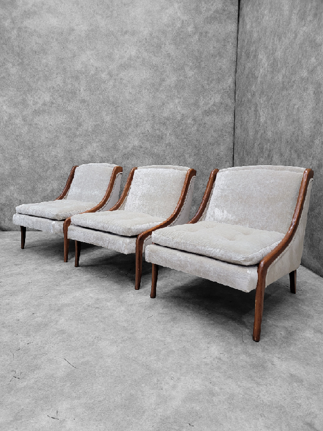 Mid Century Modern Ben Seibel Slipper Chairs Set Newly Upholstered in Velvet - 3 Piece Set