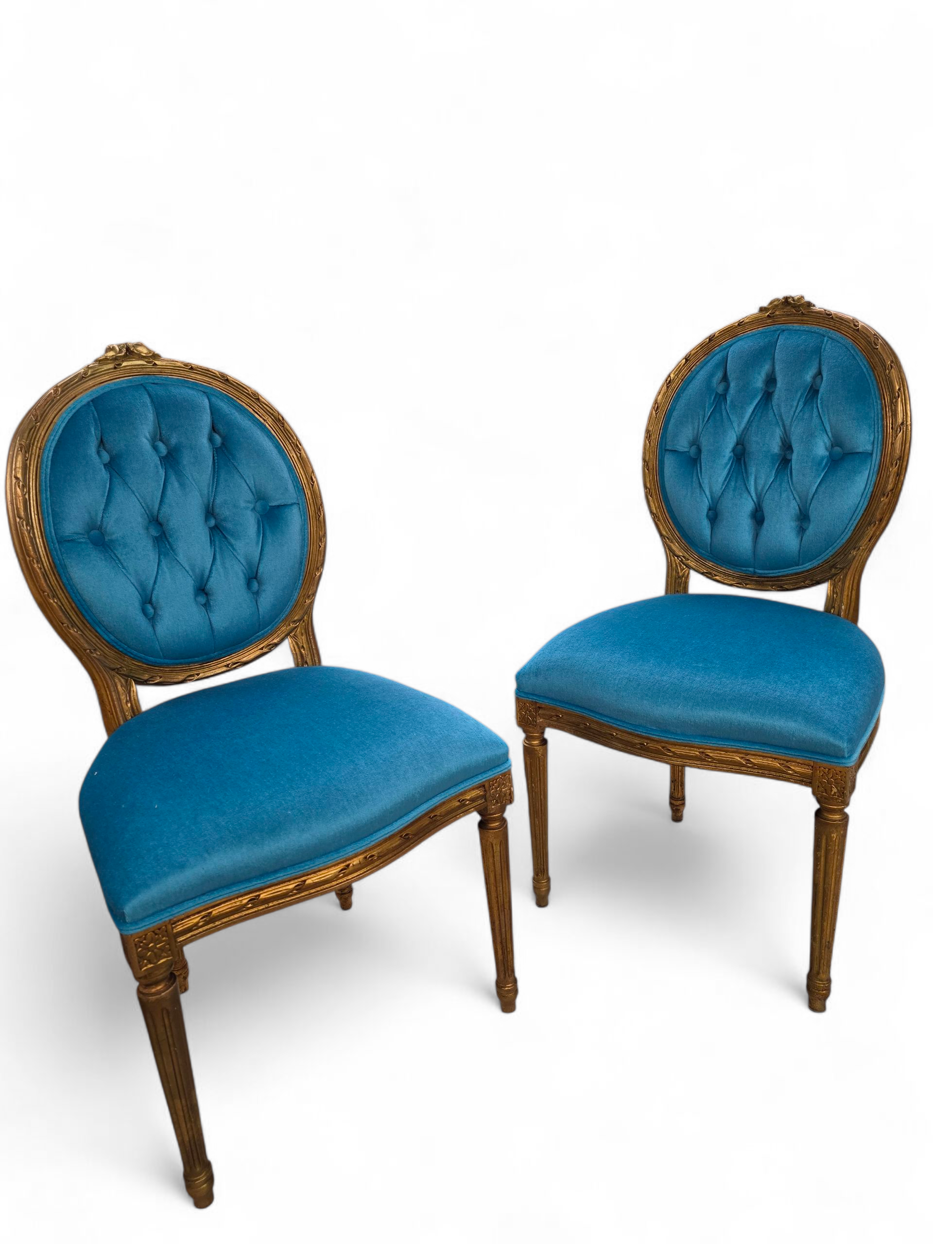 Antique French Louis XVI Style Carved & Gilded Tufted Medallion Back Dining Chairs Newly Reupholstered in a Italian Royal-Teal Mohair - Set of 4&nbsp;