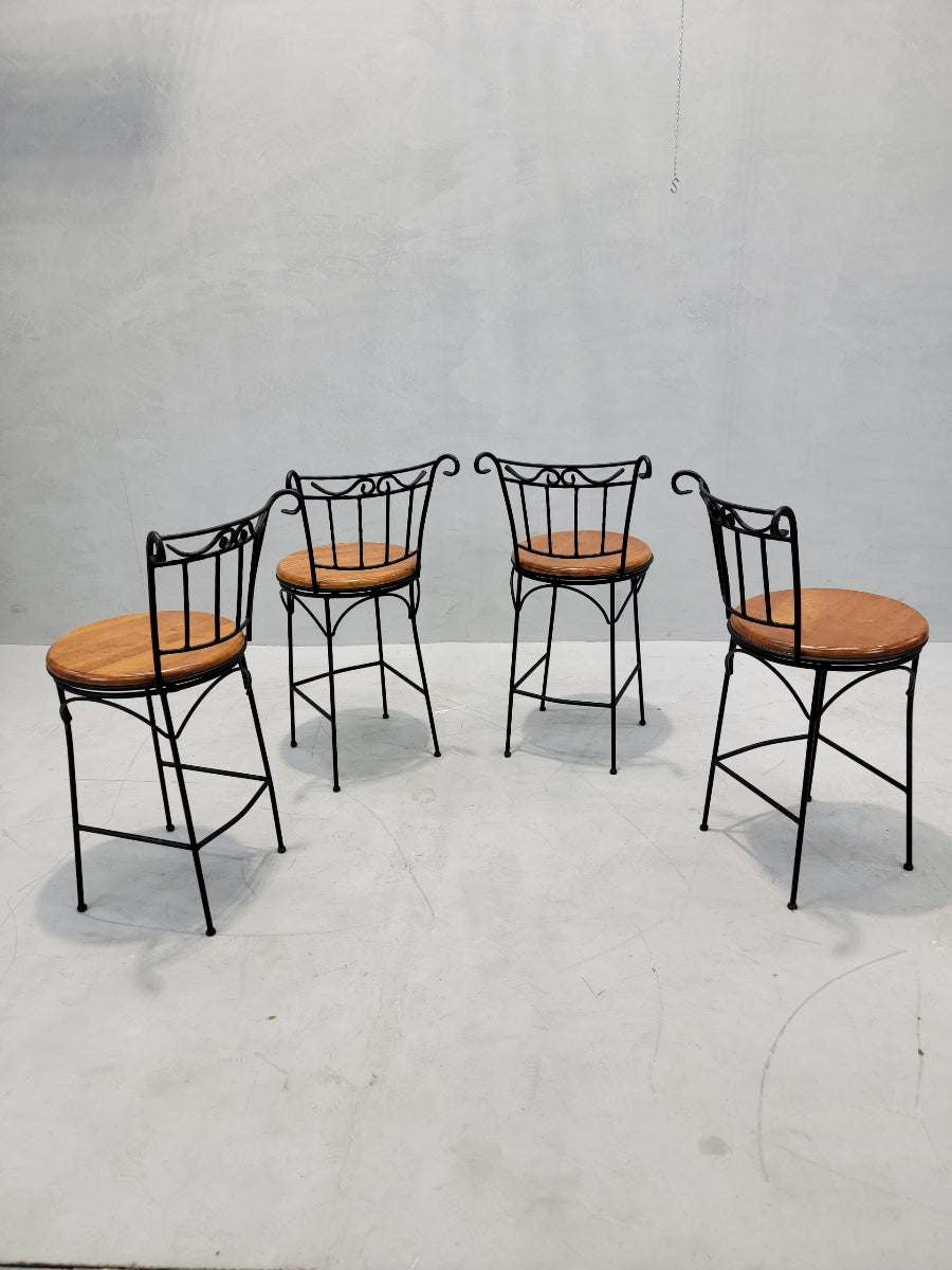 French Country Style Wrought-Iron and Wood Swivel Bar Stools - Set of 4