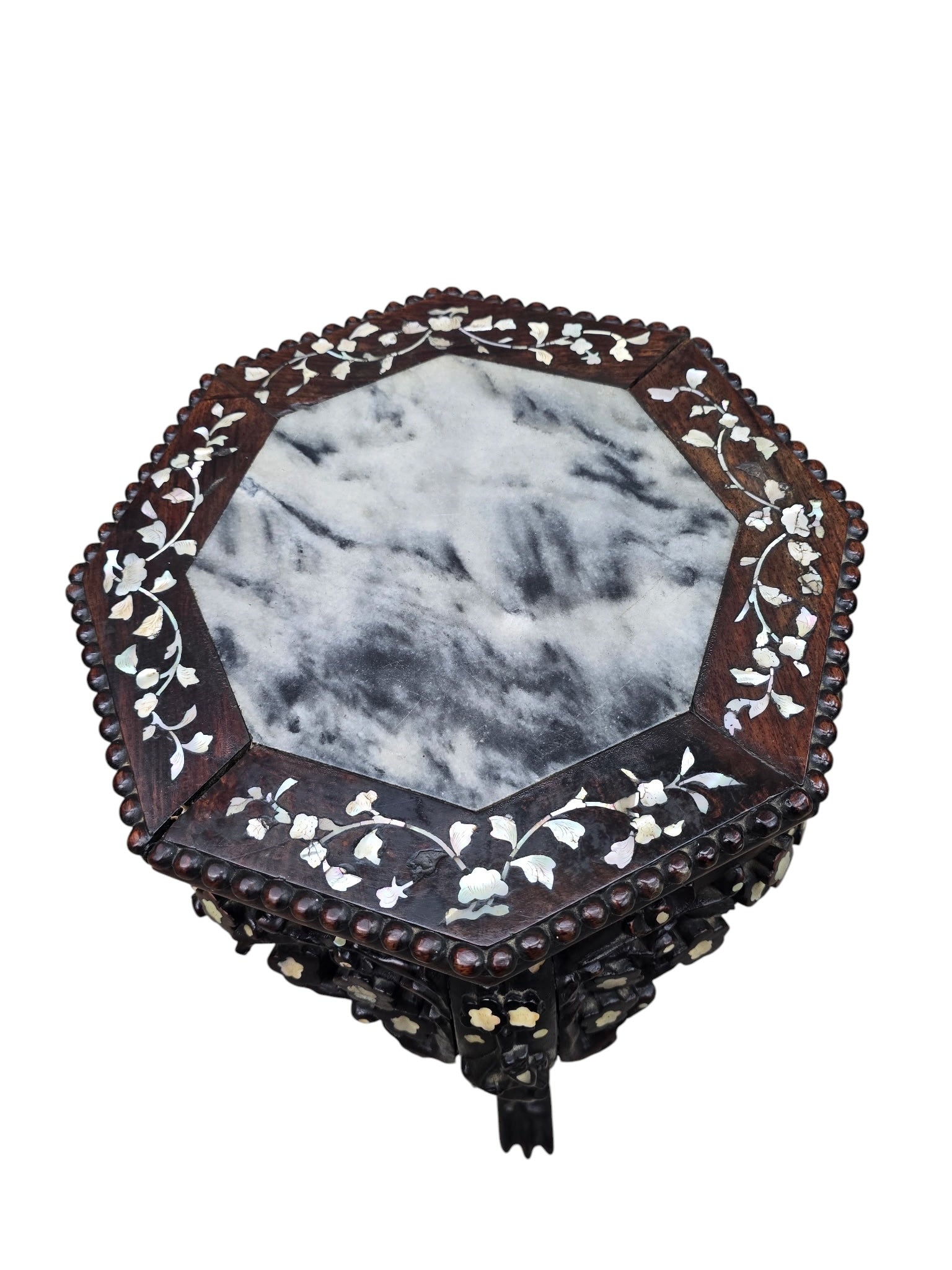 Antique Chinese Carved Hardwood Side Table with Marble Insert & Mother-of-Pearl Inlay