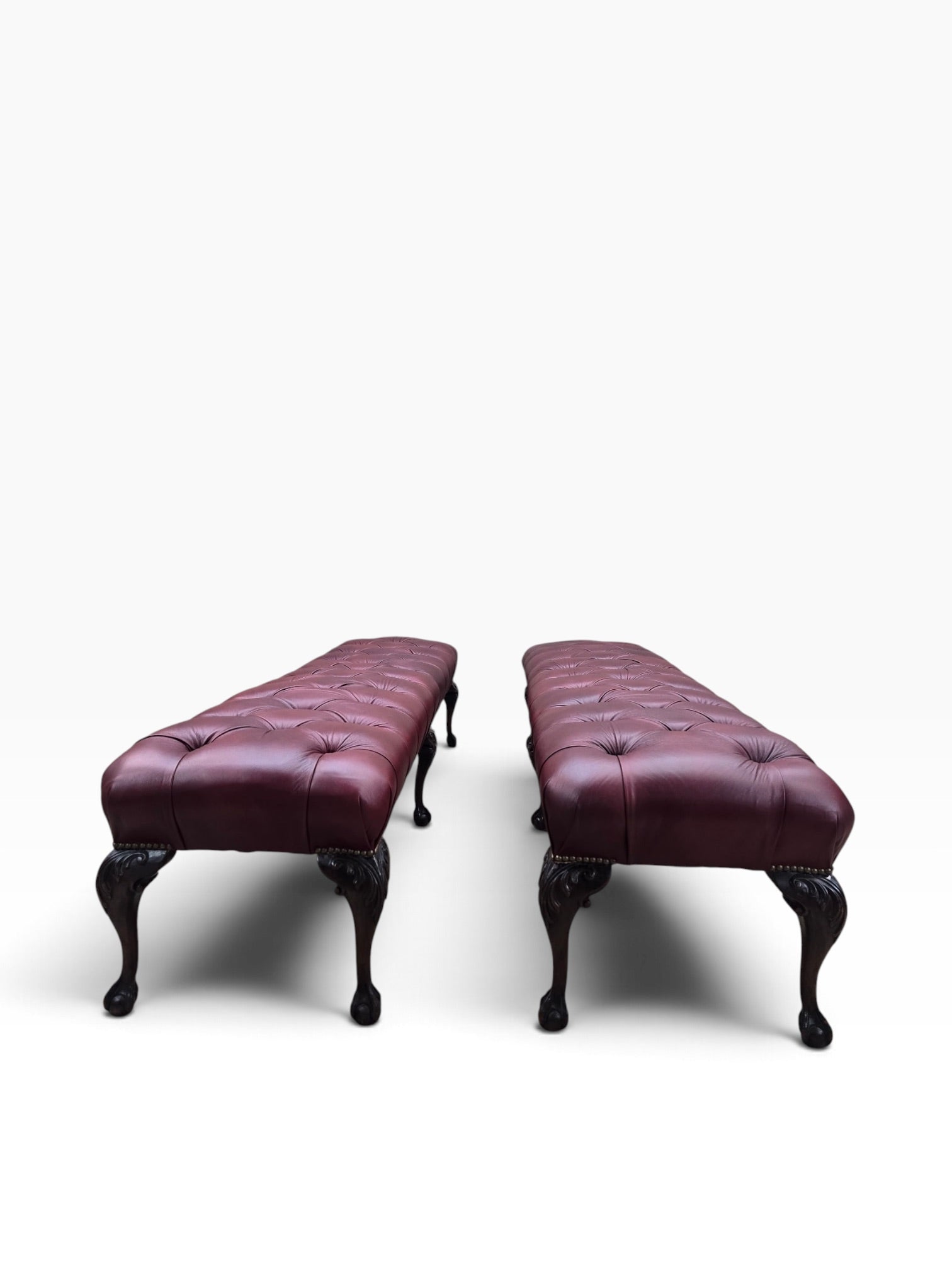 Chippendale Style Carved Mahogany Ball & Claw Six Leg Tufted Hall/Dining Bench Newly Reupholstered in Cabernet Leather - Pair