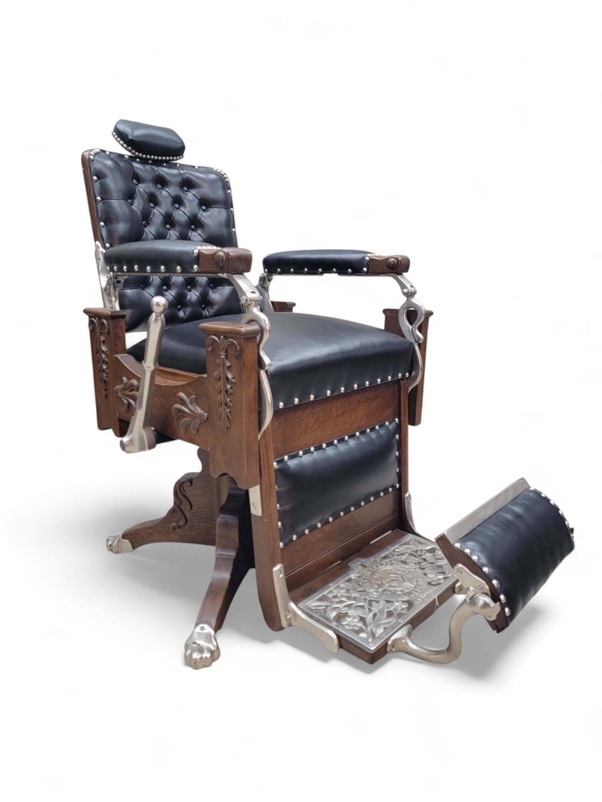 Antique Koken Restored Quartersawn Oak Barber Chairs in Black Leather – Set of 3