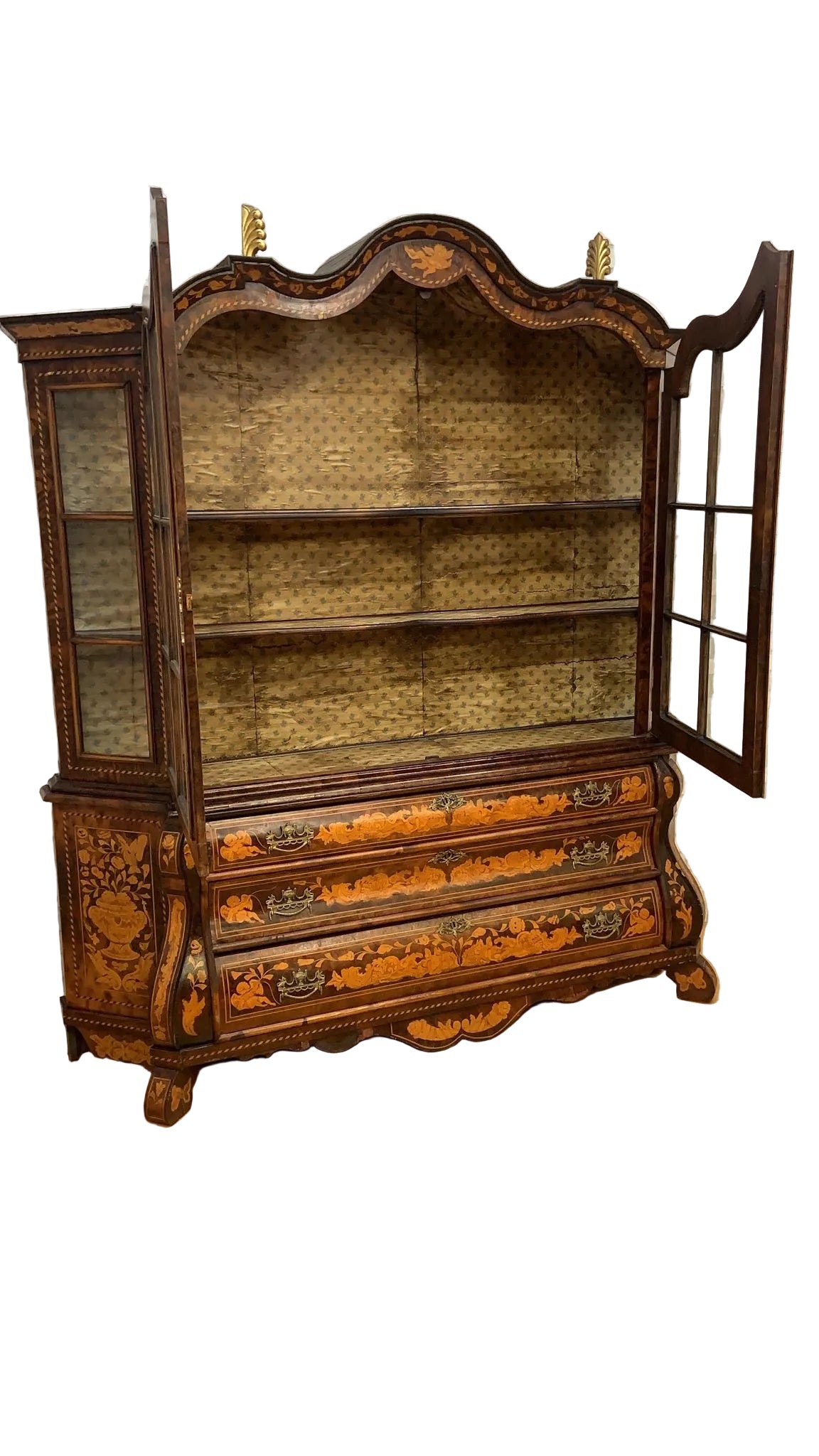 Antique Dutch Marquetry Vitrine Cabinet/Display Hutch