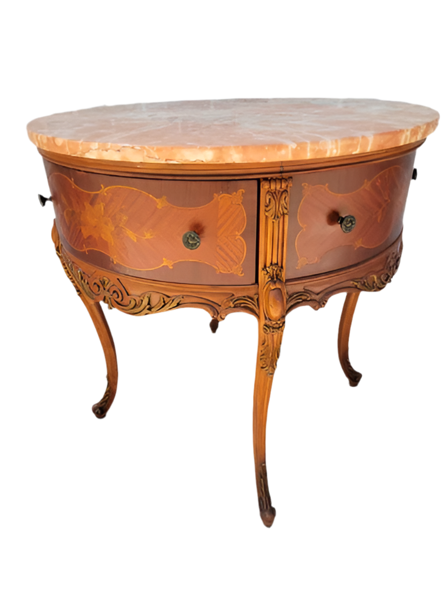 Antique Victorian Round Carved Inlaid Side Table with Pink Marble Top and Two Drawers