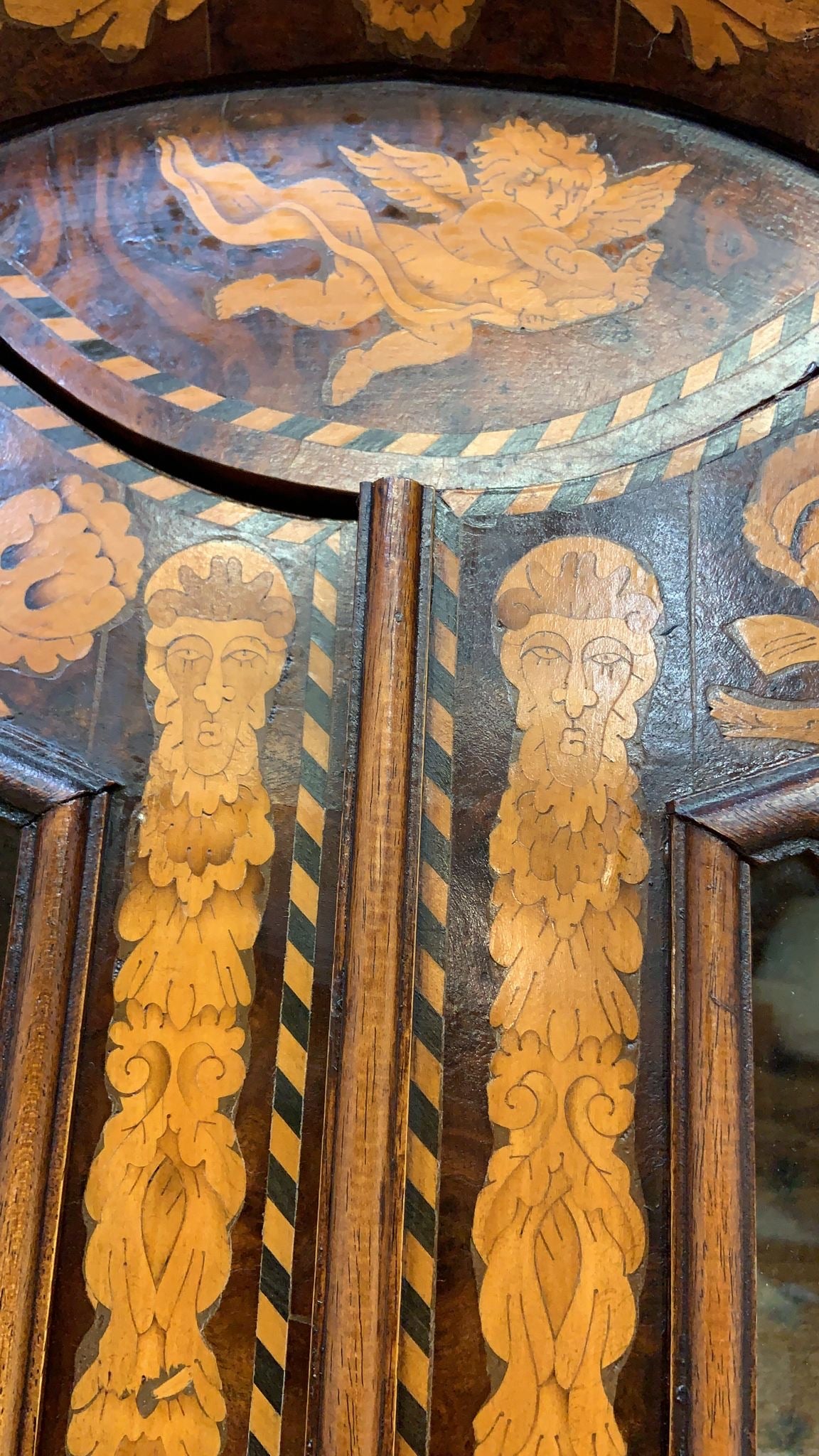 Antique Dutch Marquetry Vitrine Cabinet/Display Hutch