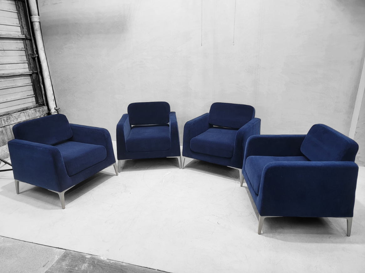 Vintage Italian Postmodern Open-Back Segis Alphabet Lounge Chairs Newly Upholstered in Blue Italian Mohair - Set of 4