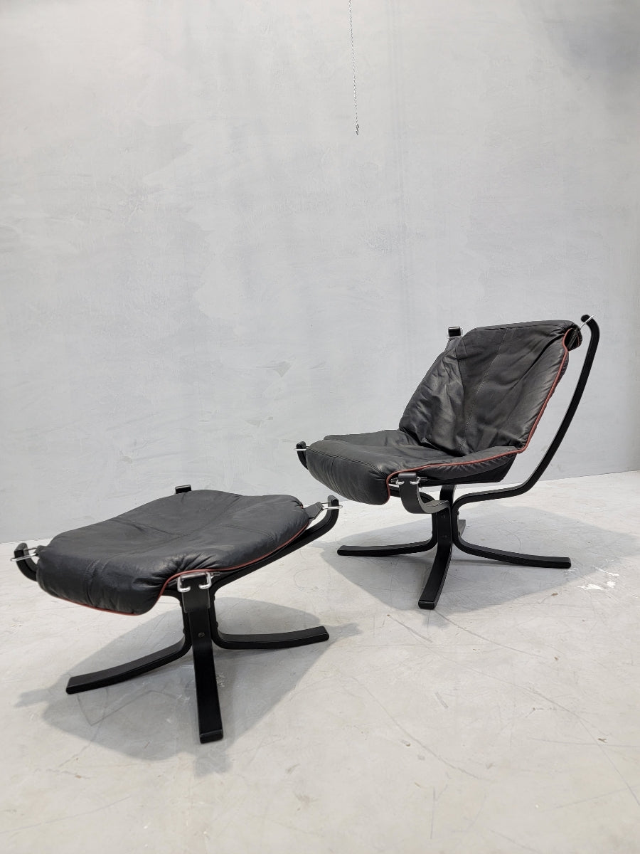 Vintage Danish Modern Falcon Leather Lounge Chair & Ottoman by Sigurd Ressell - 2 Piece Set