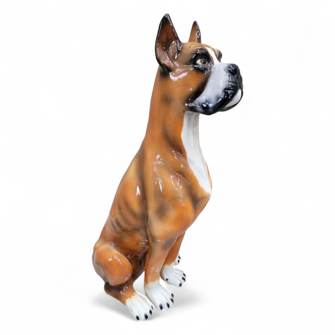 Vintage Italian Ceramic Sculpted and Hand Painted Sitting Boxer Guard Dog Statue