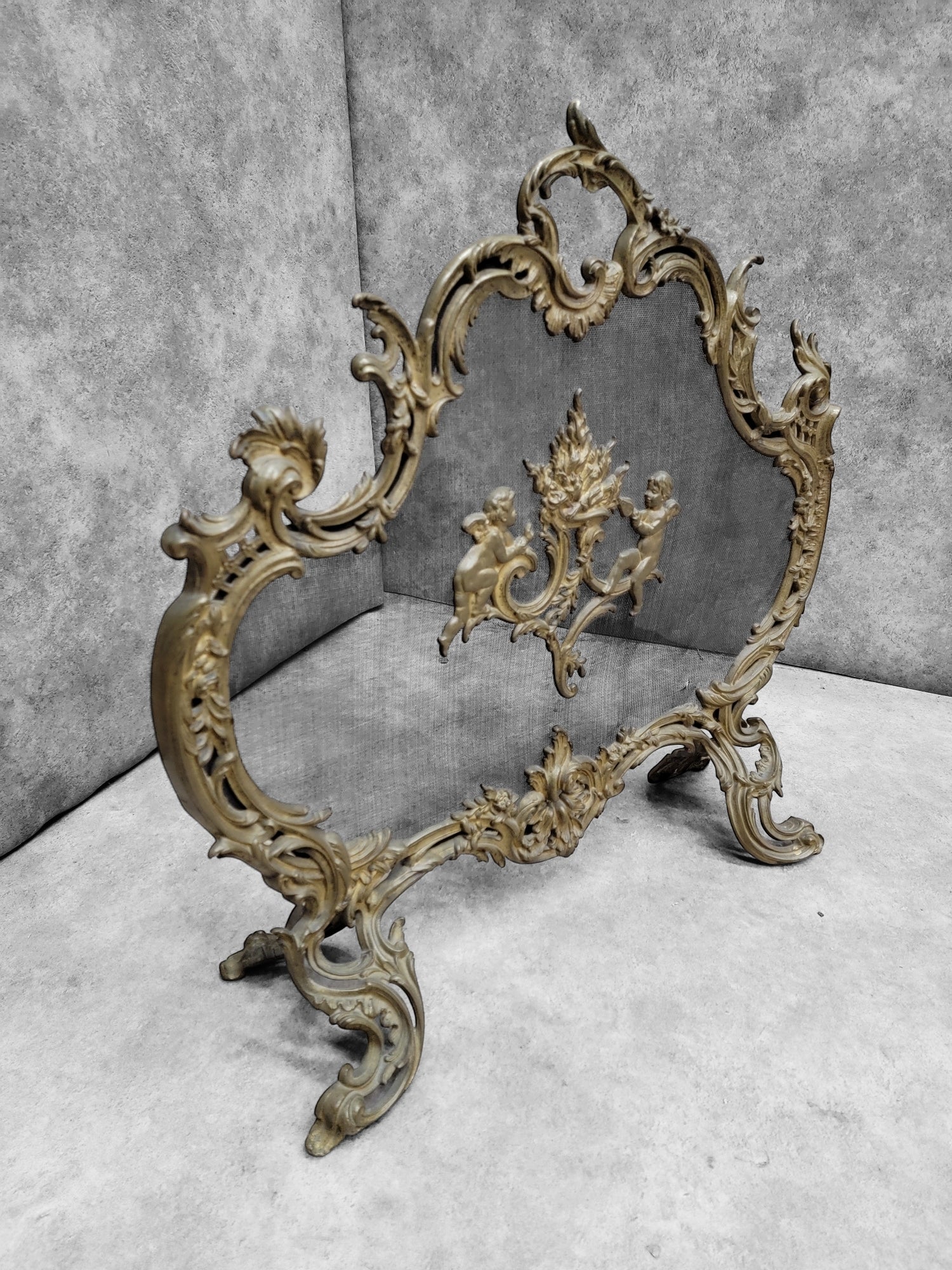 Antique Louis Style French Brass Cherub and Floral Free Standing Fire Screen