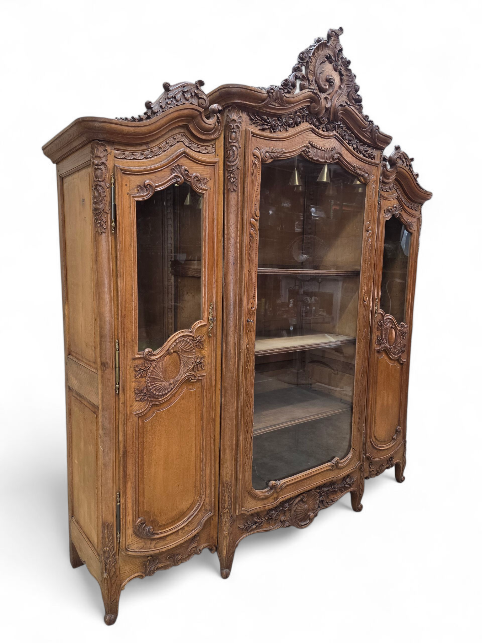 Antique French Louis XV Style Hand-Carved Walnut Vitrine Bookcase