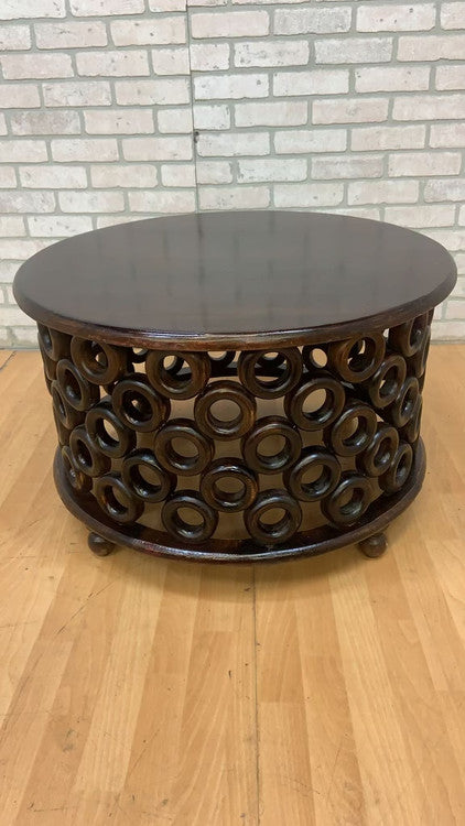 Vintage Modern Tribal Style Carved Ring Circular Drum Coffee Table