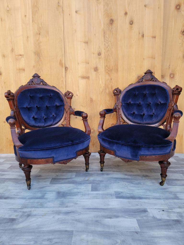 Antique Victorian Eastlake Carved Walnut His/Her Tufted Armchairs Newly Upholstered in Velvet - Pair