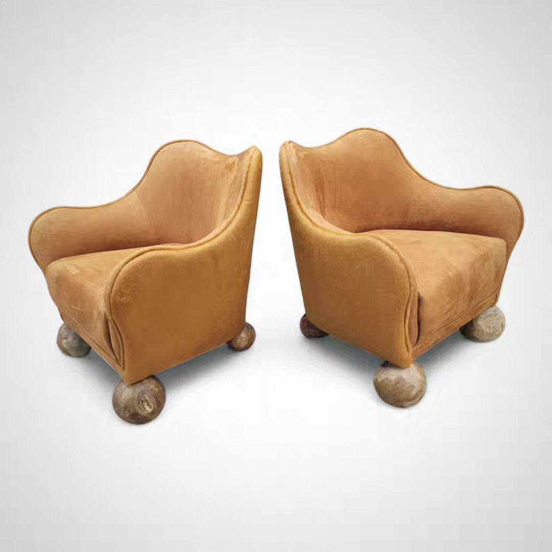 Vintage Rustic Contemporary Sculptural Club Chairs Newly Upholstered in Suede and Cowhide - Pair