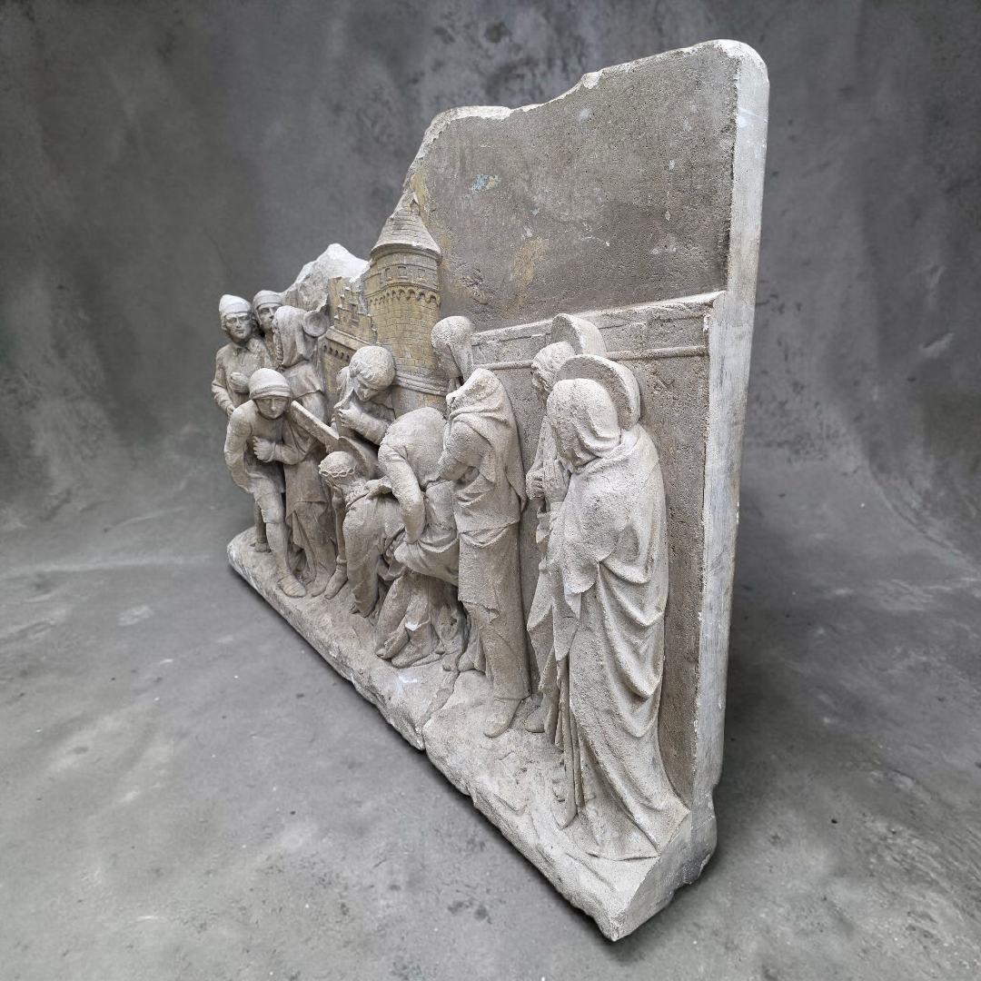 Antique Monumental European "Stations of The Cross" Stone Relief Panels — Pair