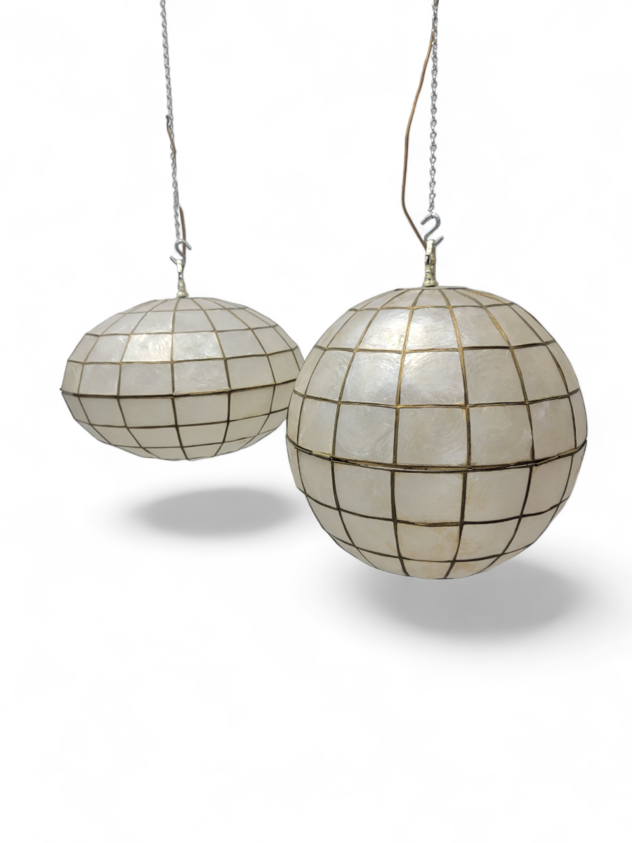 Vintage Modern Capiz Shell & Brass Hanging Pendant Lights - Set of 2
