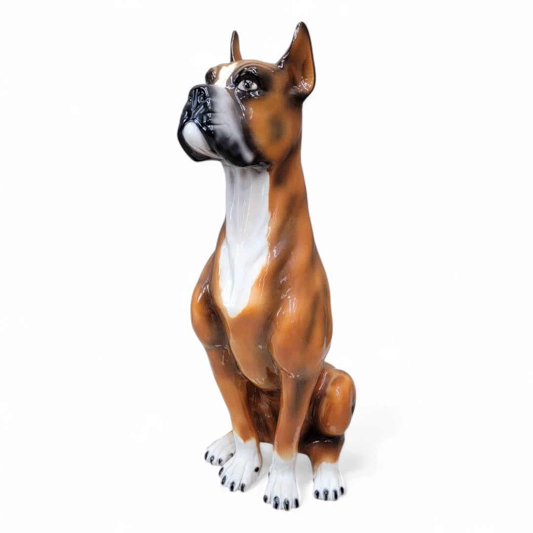 Vintage Italian Ceramic Sculpted and Hand Painted Sitting Boxer Guard Dog Statue