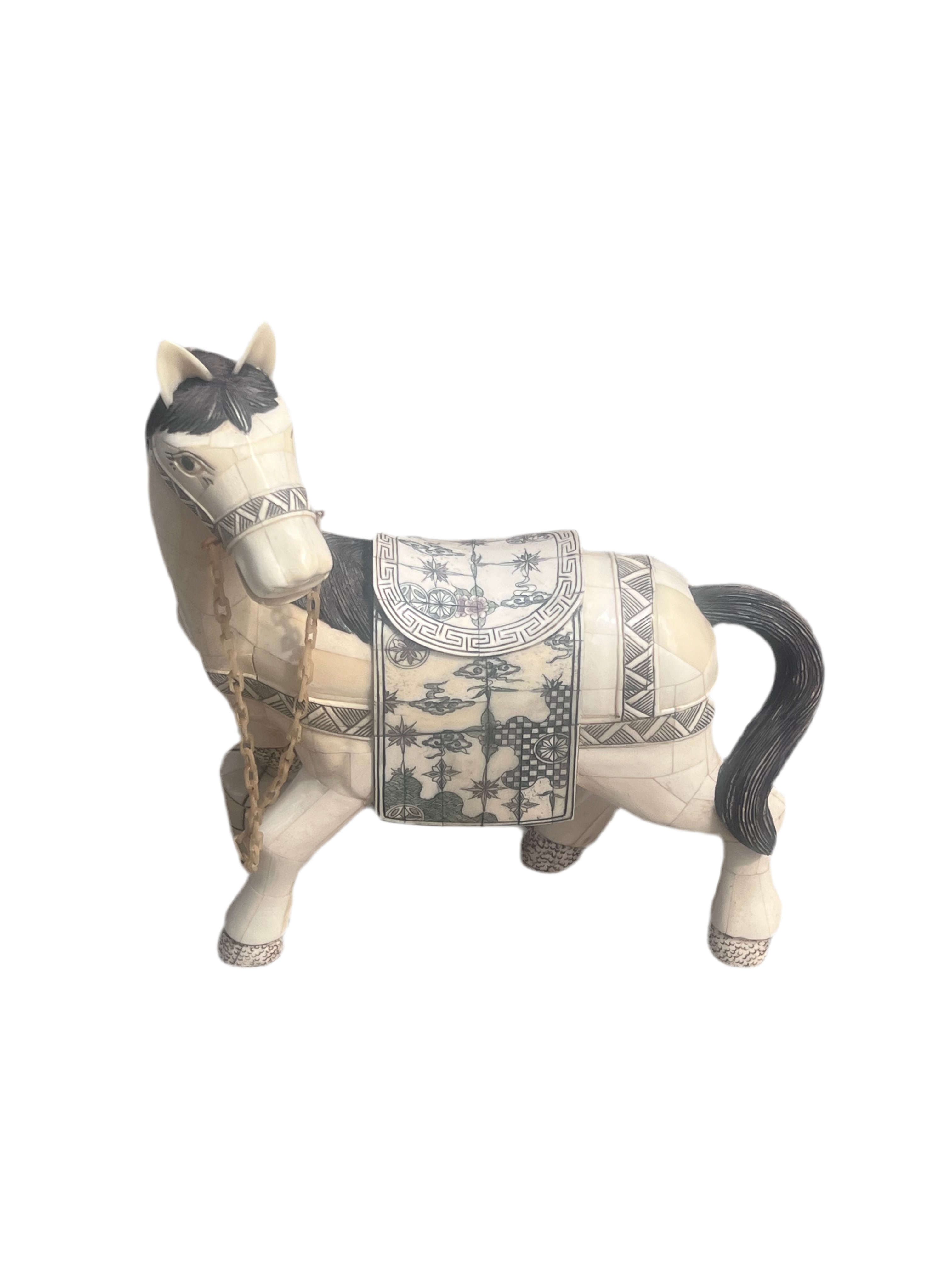Vintage Tessellated Bone Tile Horse Statue
