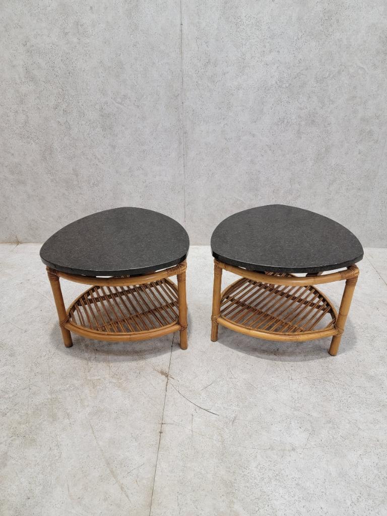 Vintage Paul Frankl Style Coastal Rattan Side Tables - Pair
