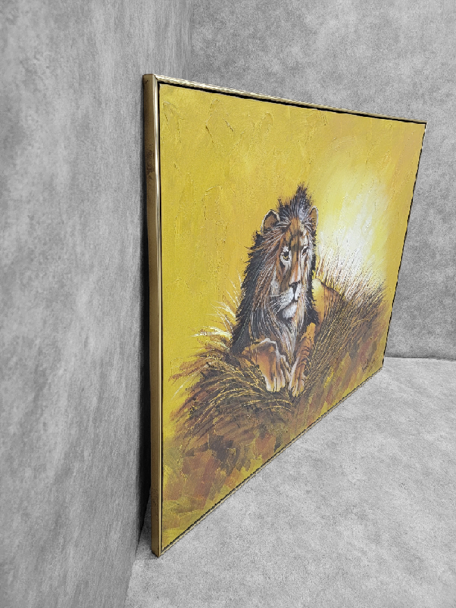 Mid Century Modern R. Delongprie "Lion" Oil Painting on Canvas Signed