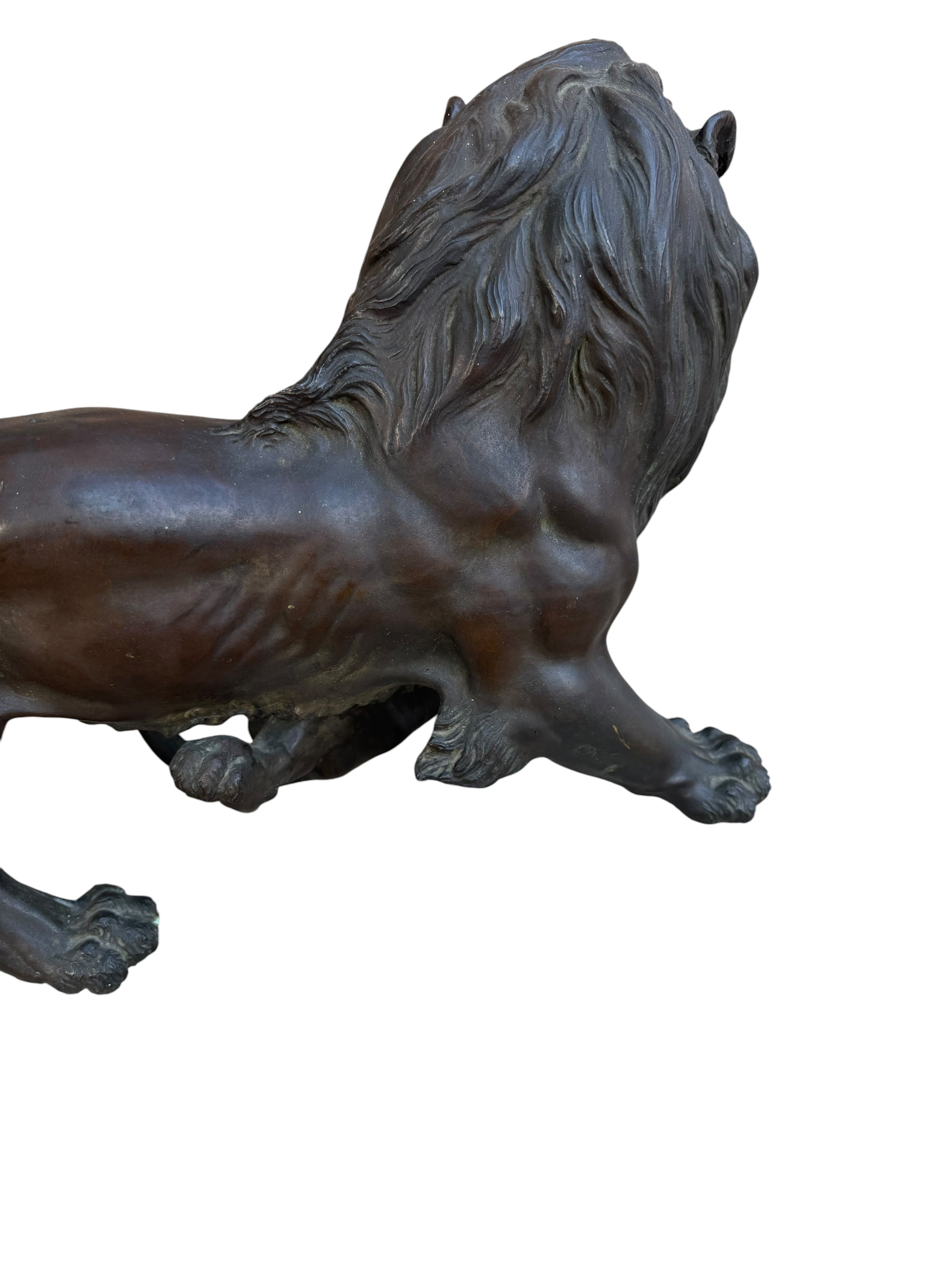 Antique Patinated Bronze Lion and Tiger Animalier Sculpture