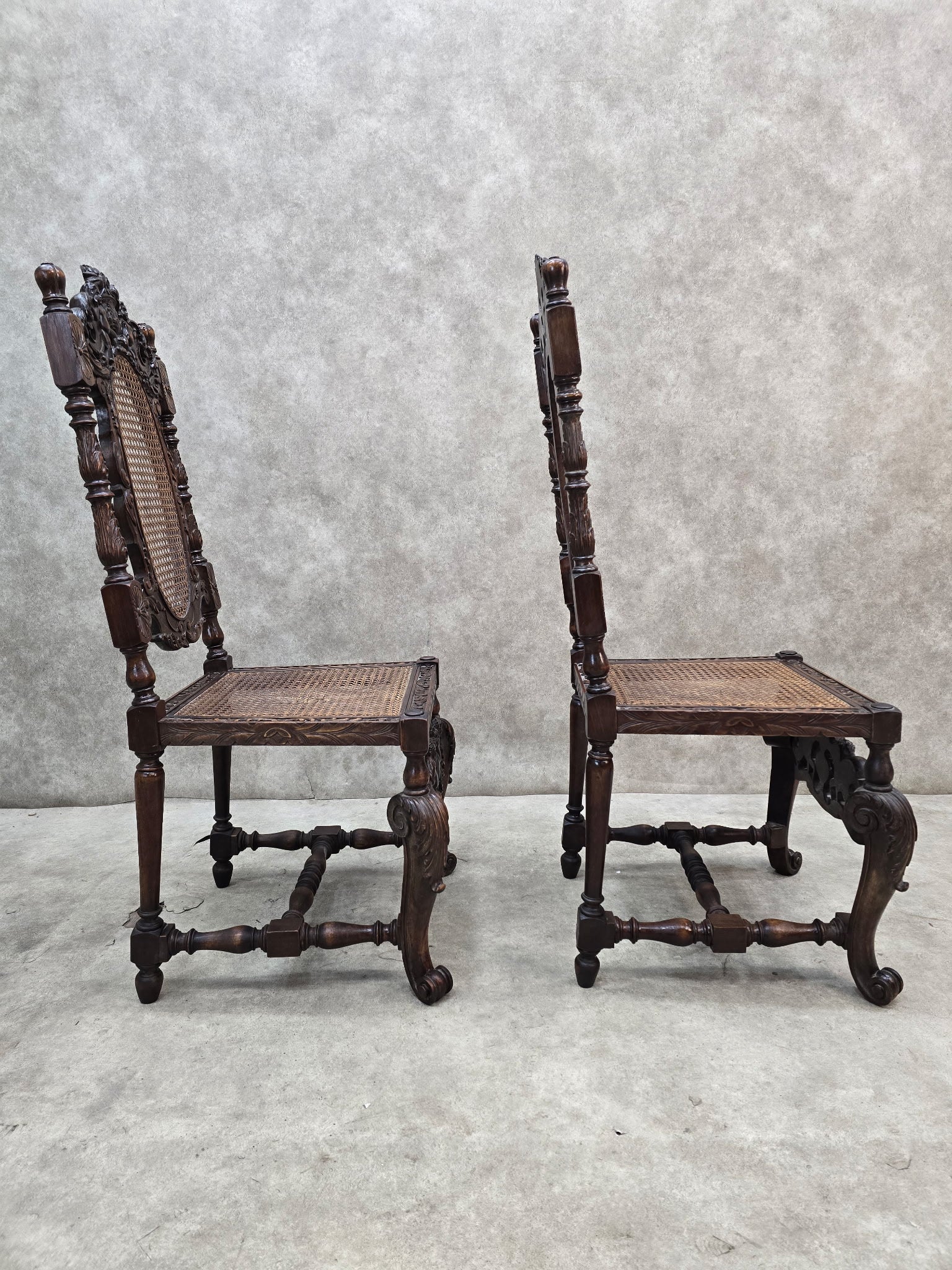 Antique Renaissance Revival Cane Throne Chairs - Pair