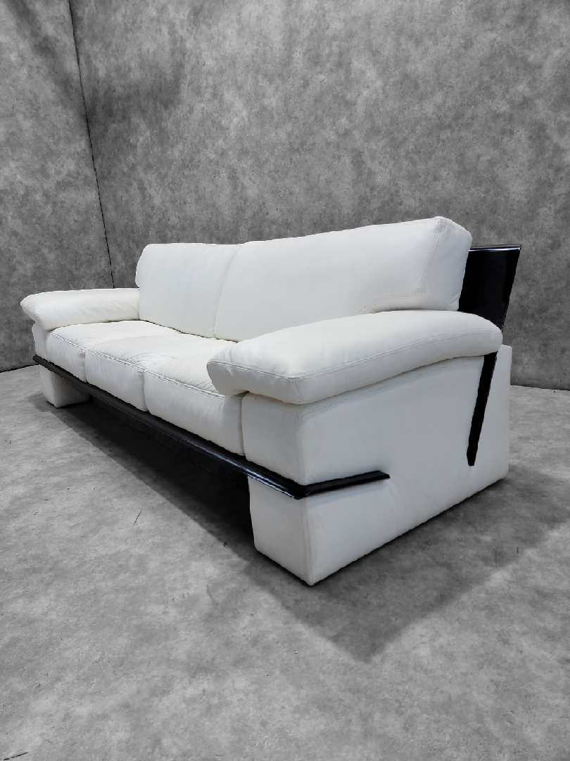 Vintage Postmodern Italian Black Lacquer Wide Arm Sofa with White Leather