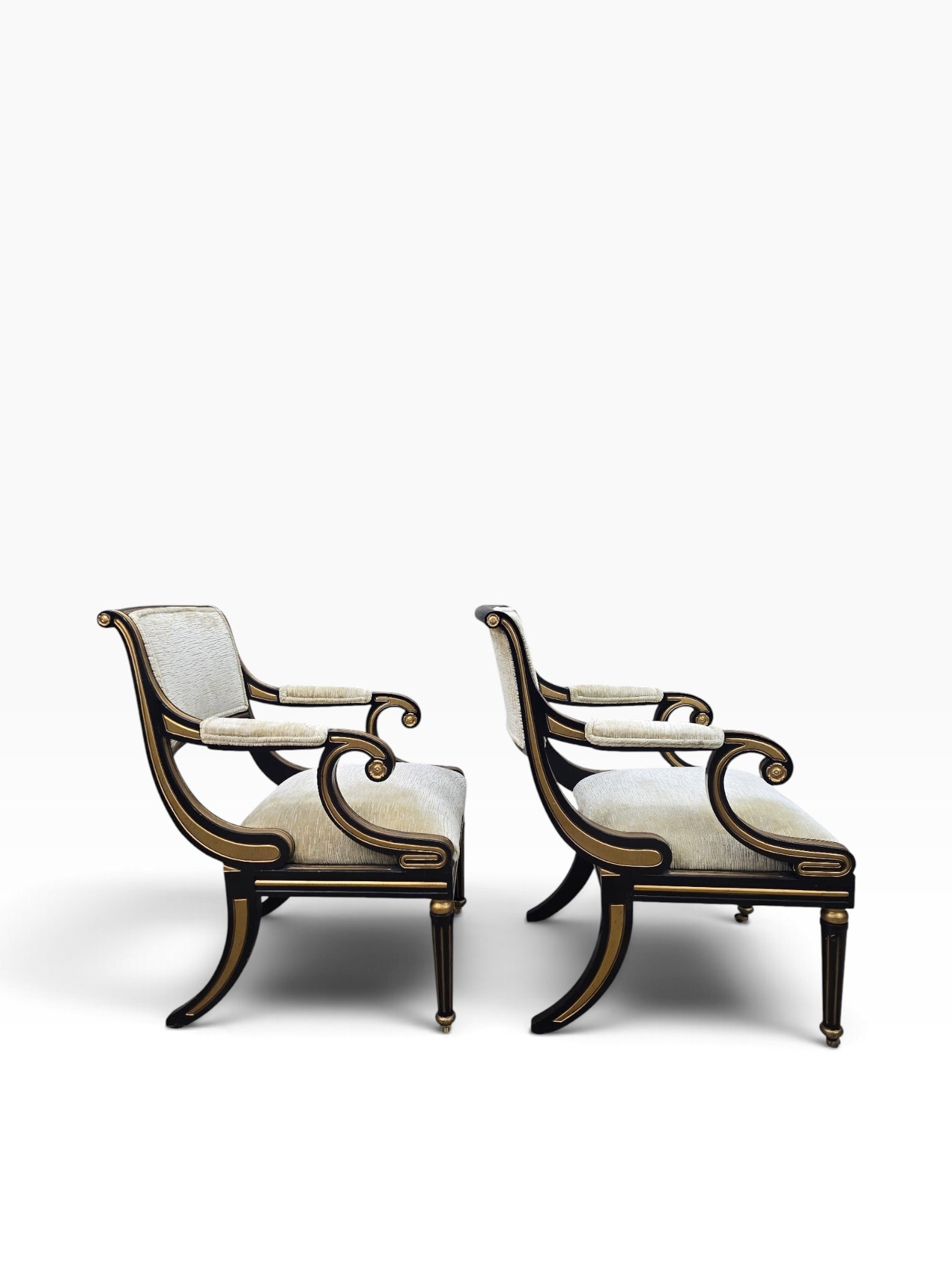 Regency Style Ebonized Armchairs by Baker Newly Reupholstered in a Gold Chenille Fabric - Pair