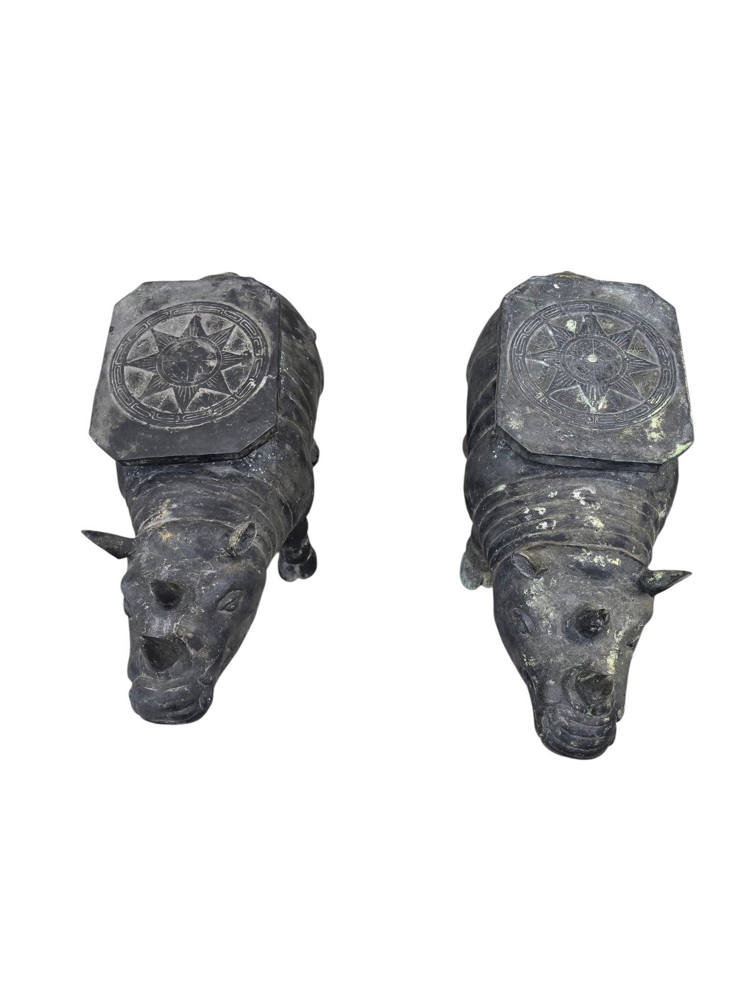 Antique Balinese Hammered Bronze Rhino Plant Stands / Cocktail Tables – Set of 2