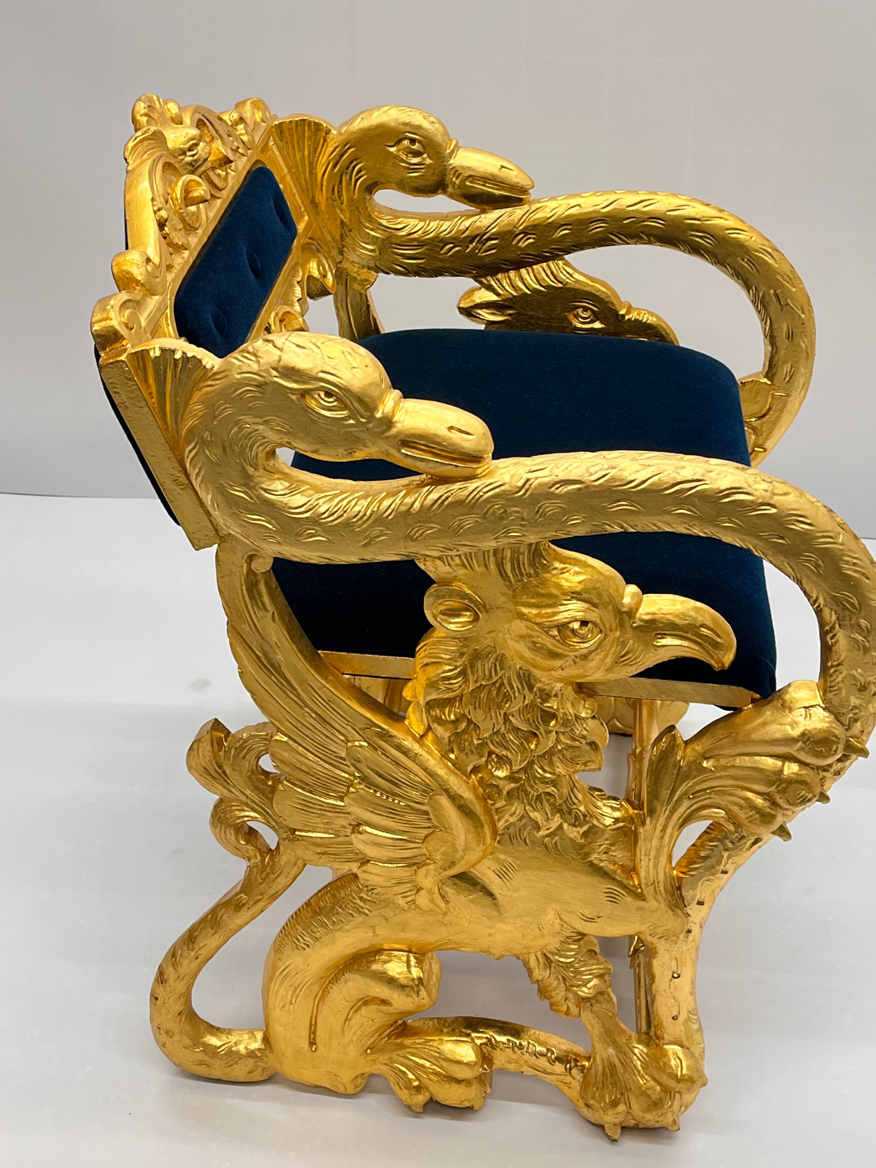 Antique Federal Style Carved Gold Gilt Swan and Eagle Carousel Bench Newly Reupholstered in Blue Mohair Seat