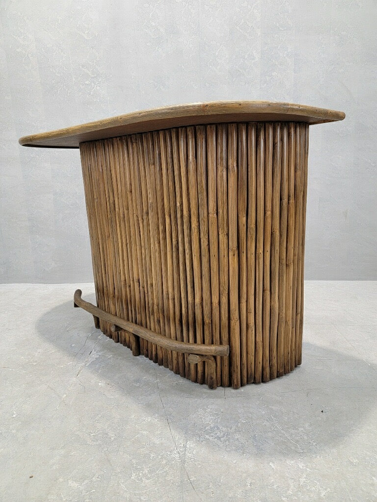 Mid Century Paul Frankl Style Half-Moon Bamboo Tiki Dry-Bar with 2 Swivel Bamboo Bar Stools - 3 Piece Set
