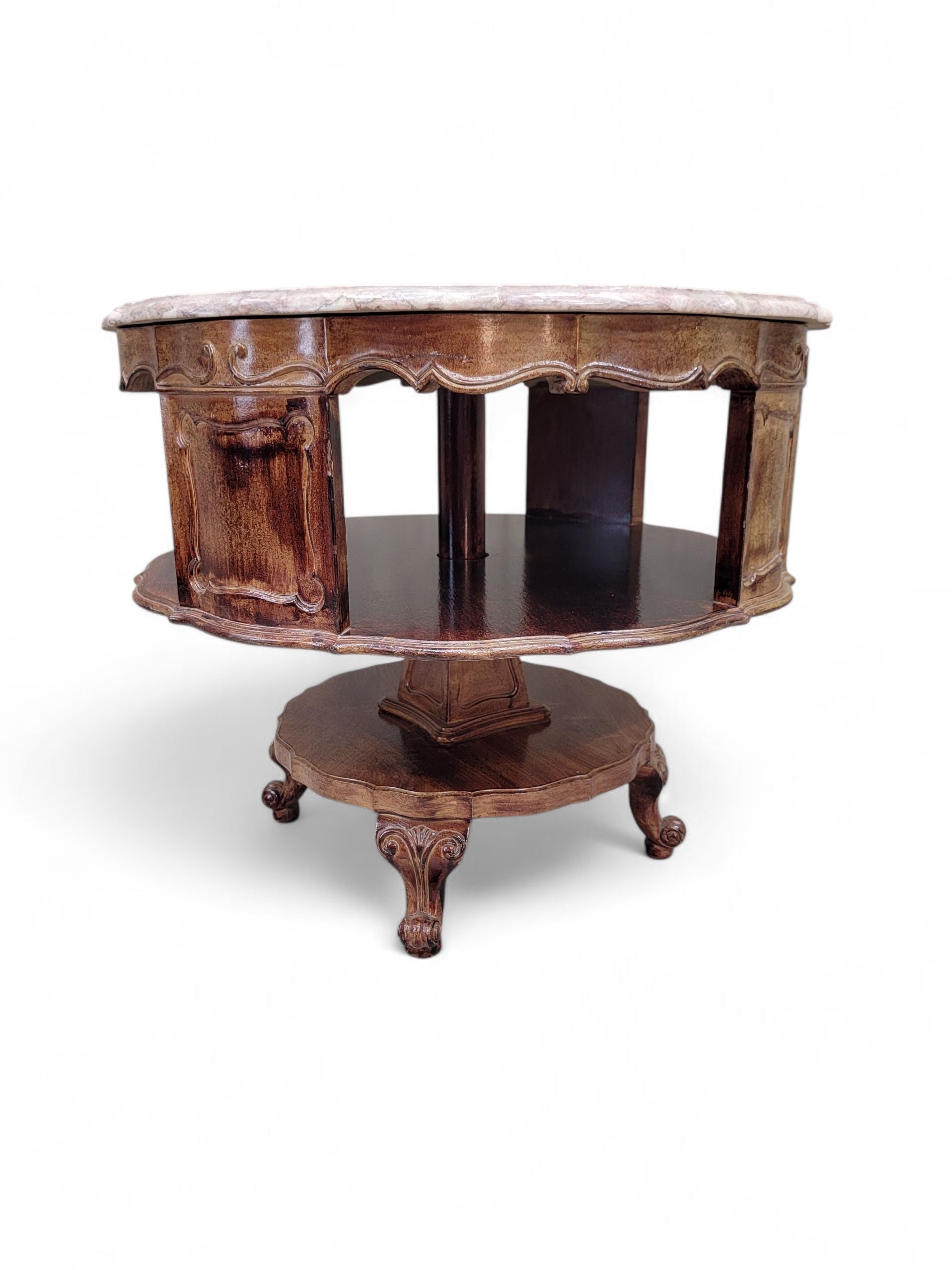 Antique French Victorian Rotating Pink Marble Top Drum Table