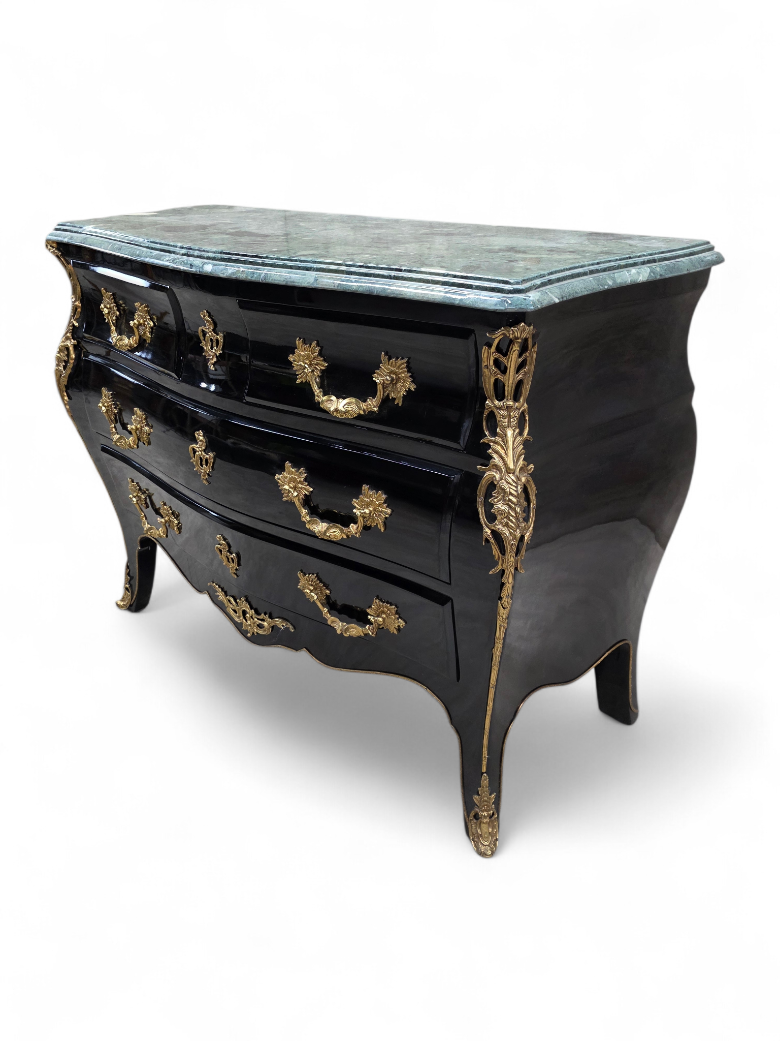 Vintage French Louis XV Style Black Lacquer Bombe Commode