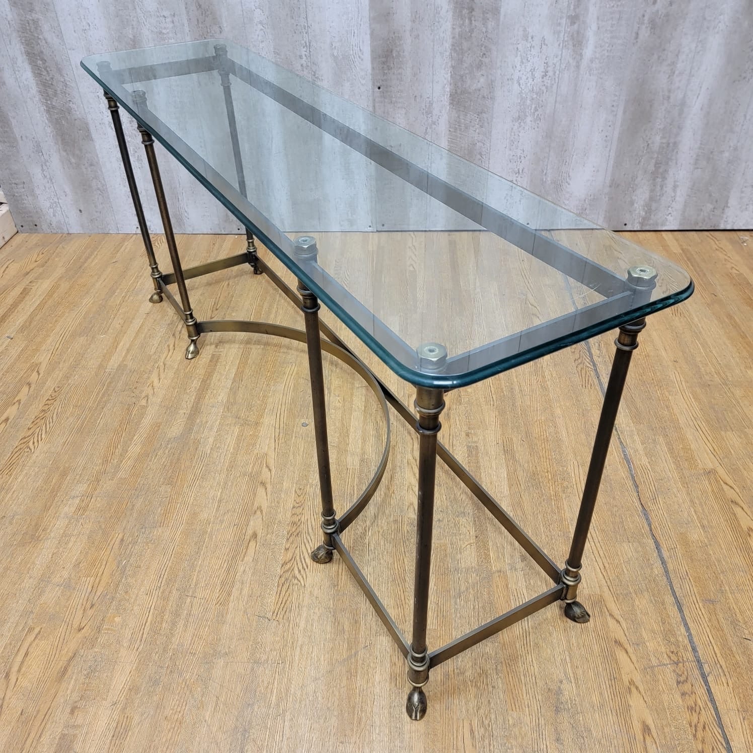 Vintage Hollywood Regency Maison Jansen LaBarge Style Brass Hoofed Feet Glass Top Console Table