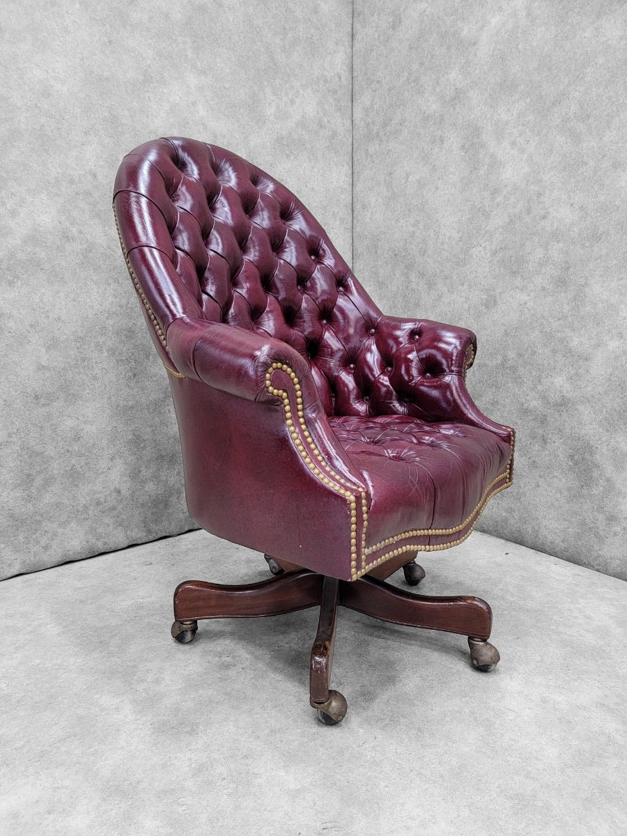 Vintage English Chesterfield Tufted Leather Tilt Executive Desk Chair with Casters by Hancock and Moore