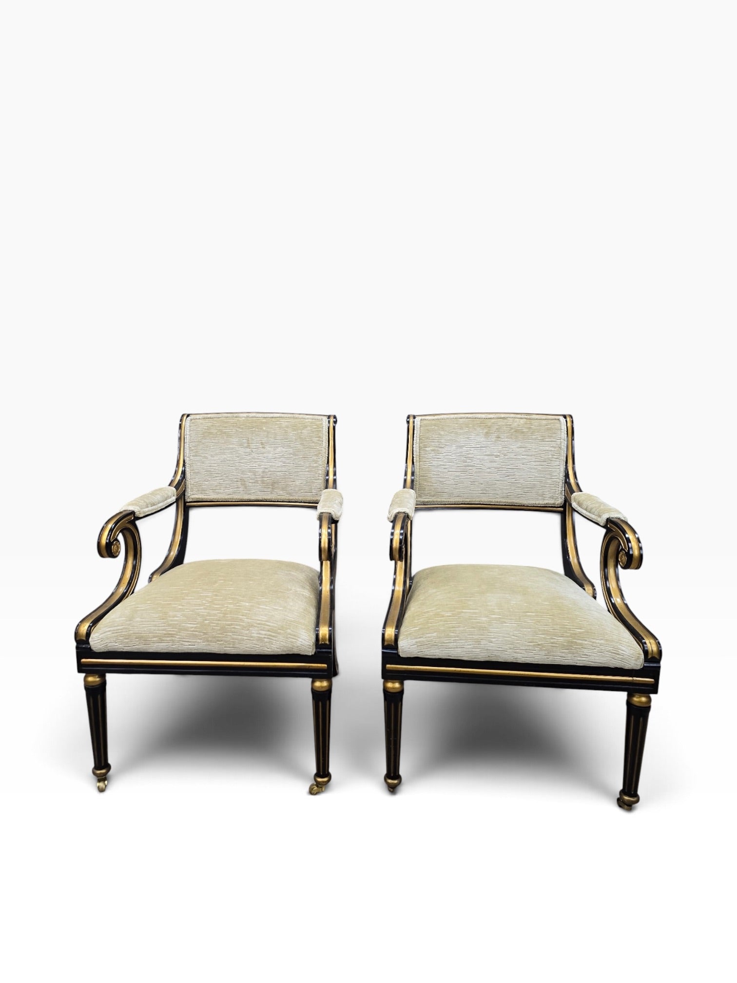 Regency Style Ebonized Armchairs by Baker Newly Reupholstered in a Gold Chenille Fabric - Pair