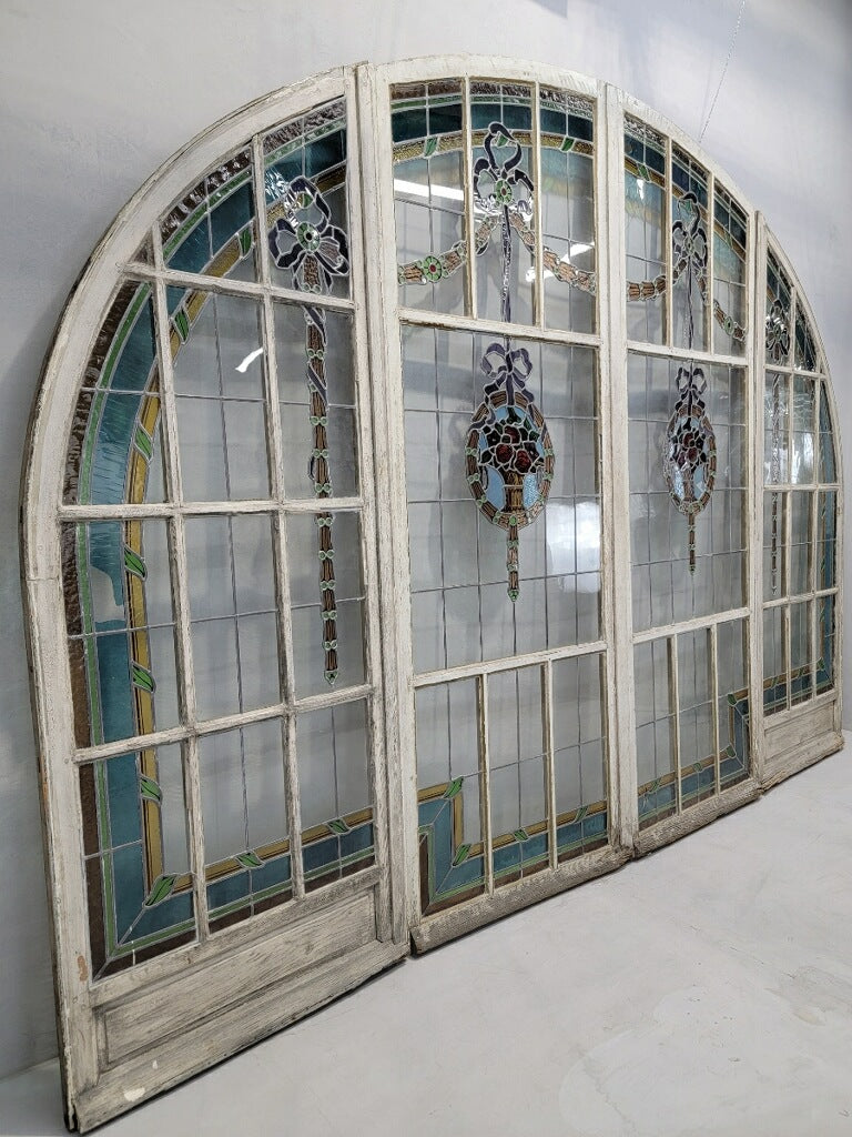 Antique Monumental French Arched Stained Glass Door Set