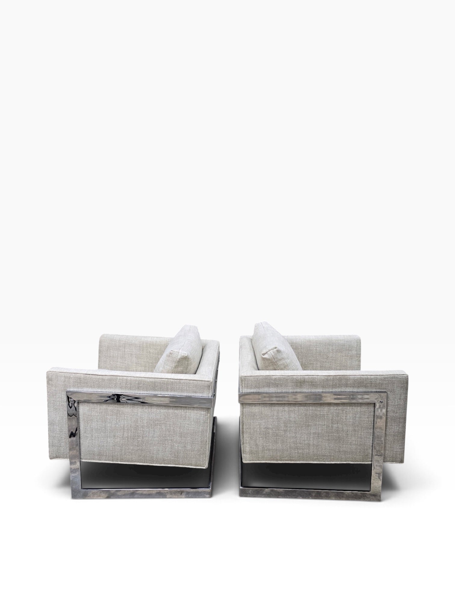 Mid Century Modern Milo Baughman Chrome Flat Bar Cantilever Club Chairs Newly Reupholstered in Natural Linen – Pair