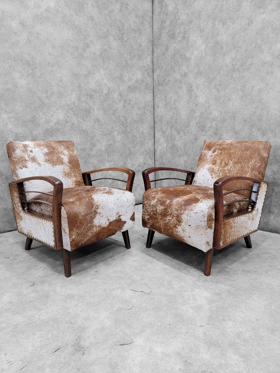 Vintage French Art Deco Arched Wood Bridge Arm Lounge Chairs Newly Upholstered in Cowhide - Pair