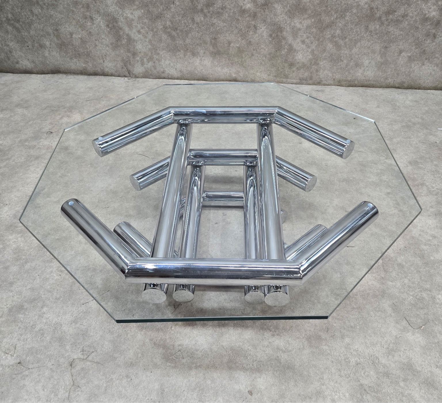 Mid Century Modern Paul Mayen Style Stacked Octagonal Tubular Chrome Coffee Table