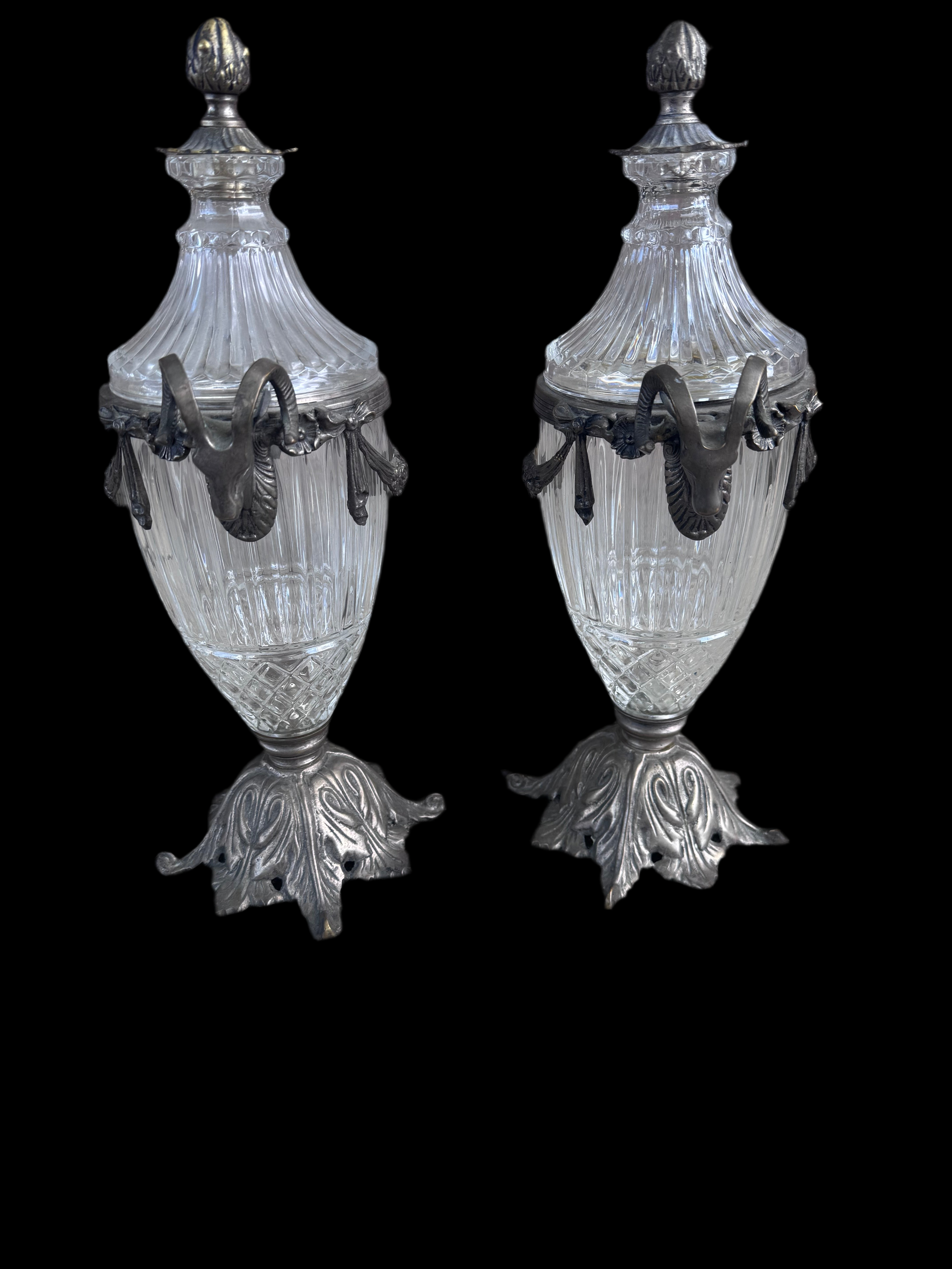 Antique French Crystal and Bronze Cassettes Urns with Ram's Head Handles - Pair