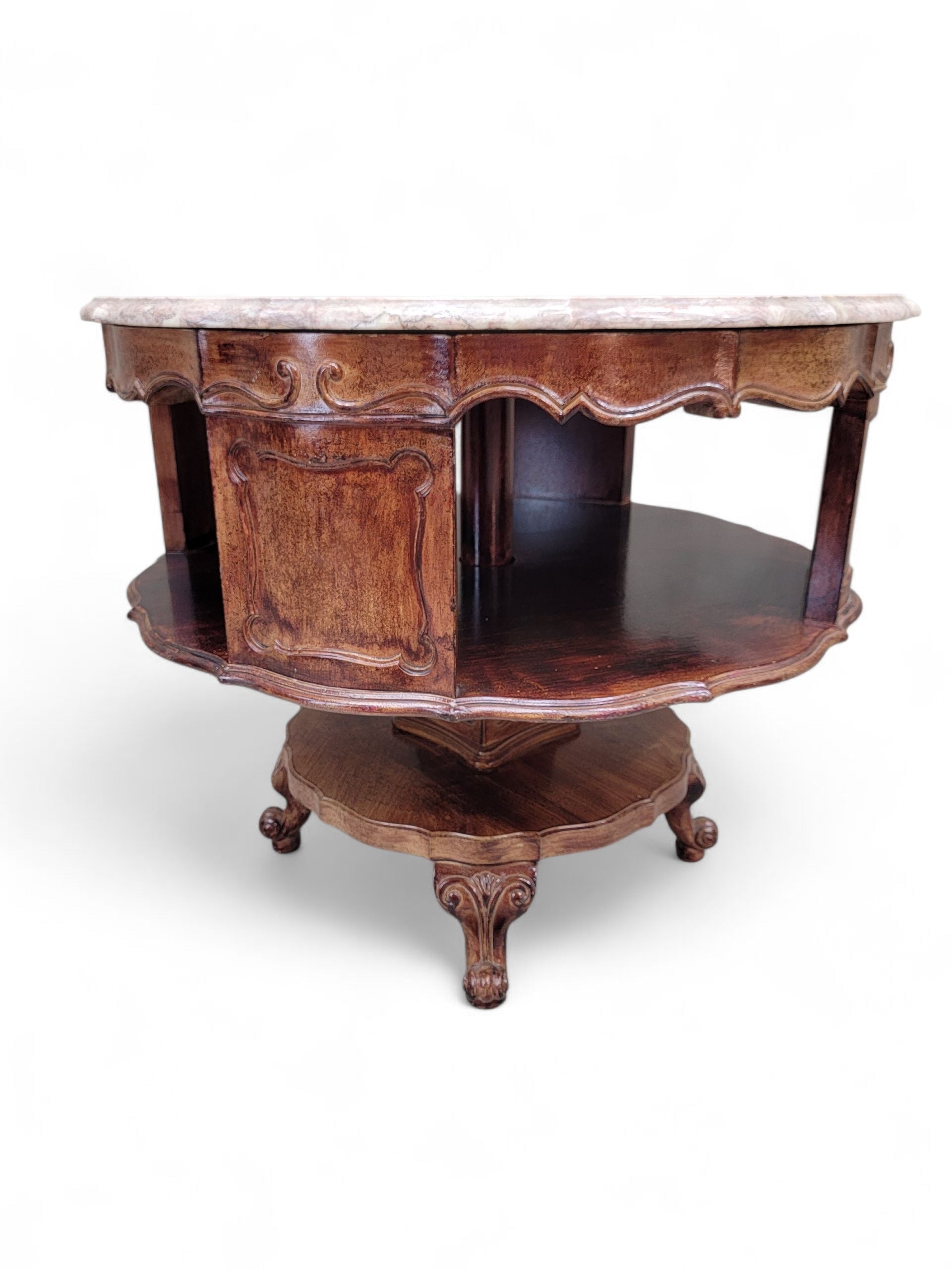 Antique French Victorian Rotating Pink Marble Top Drum Table