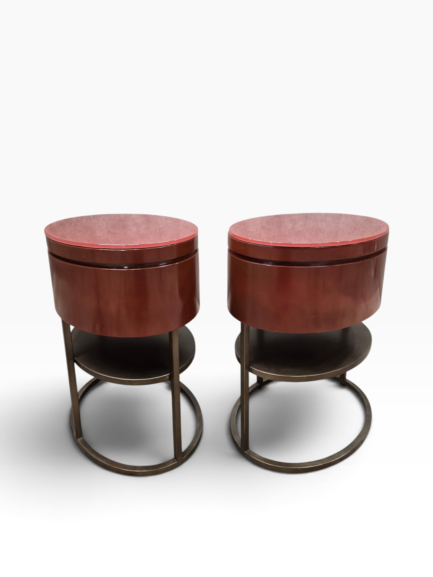 Samuelson Red Lacquered Oval Side Tables with Glass Tops & Brass Finish Stands – Pair