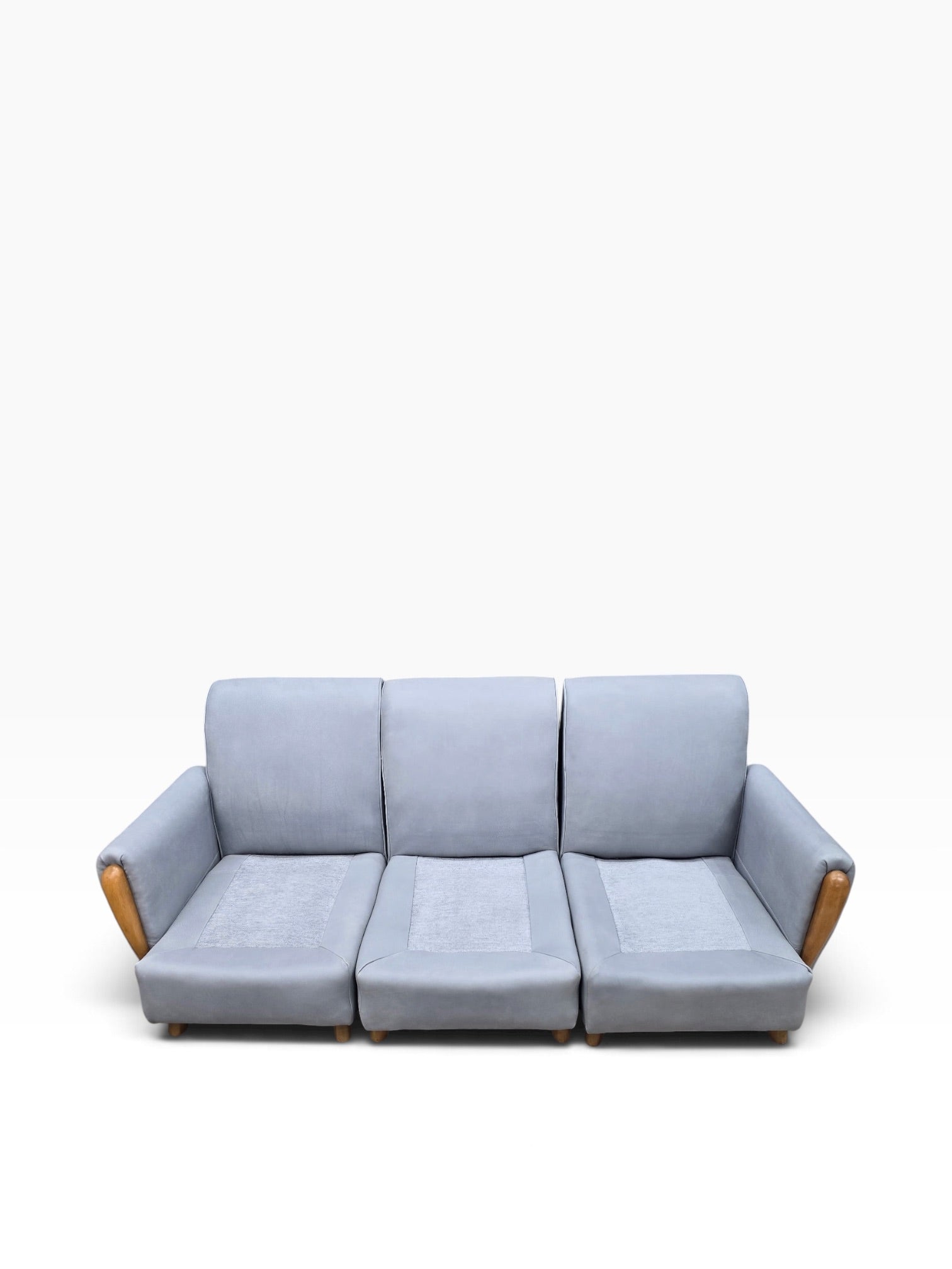 Mid Century Modern Heywood Wakefield Modular Sectional Sofa Newly Reupholstered in Powder Blue Holly Hunt Leather