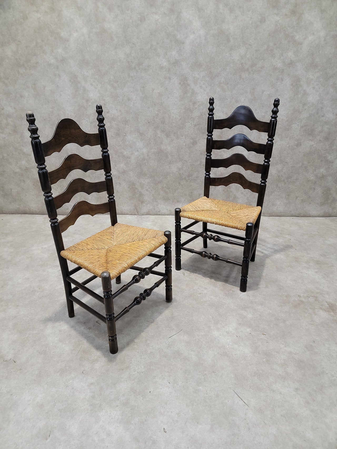 Vintage French Country Style Ladder Back Rush Seat Side Chairs - Pair