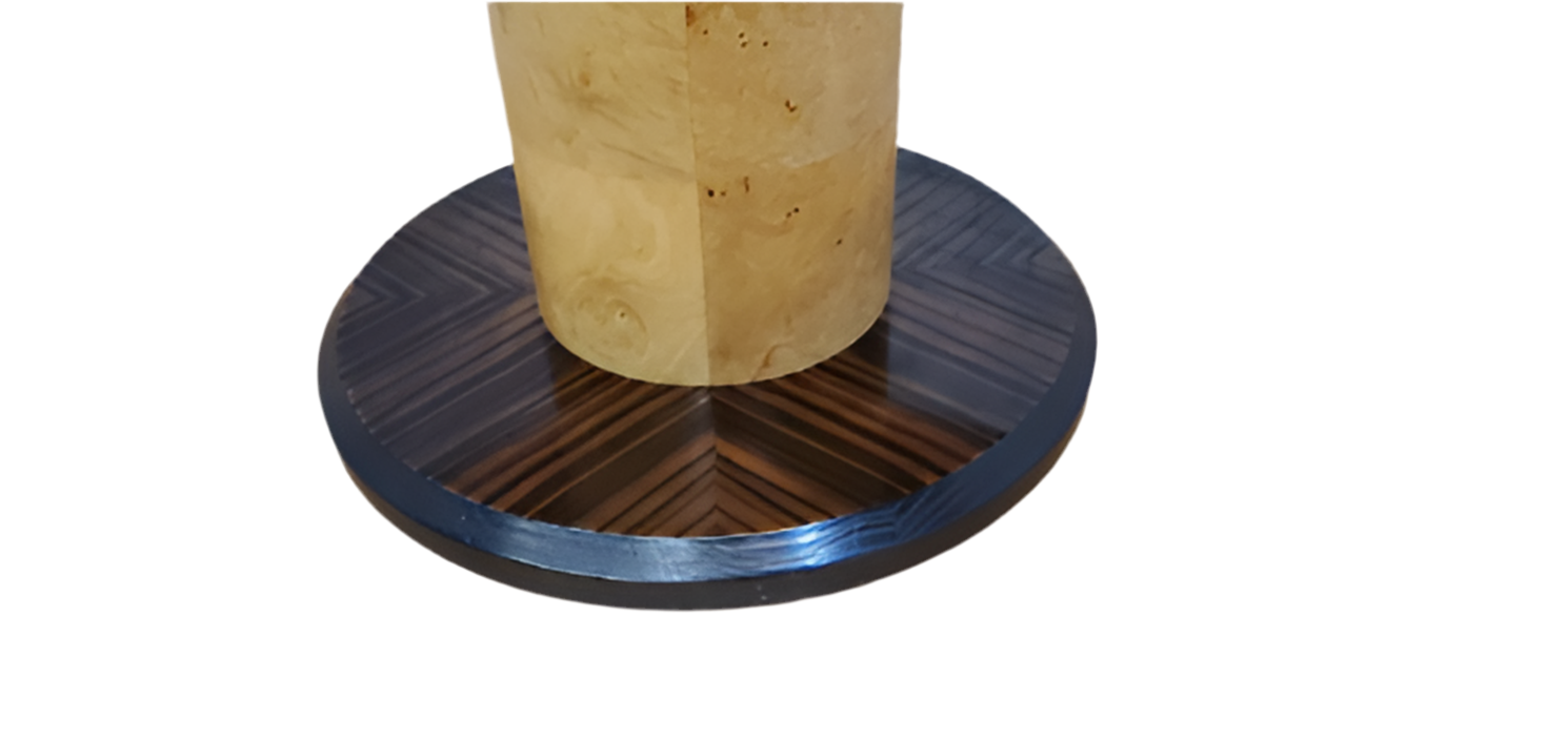 Vintage Blonde Burl & Rosewood Cylinder Pedestal Game Dining Table