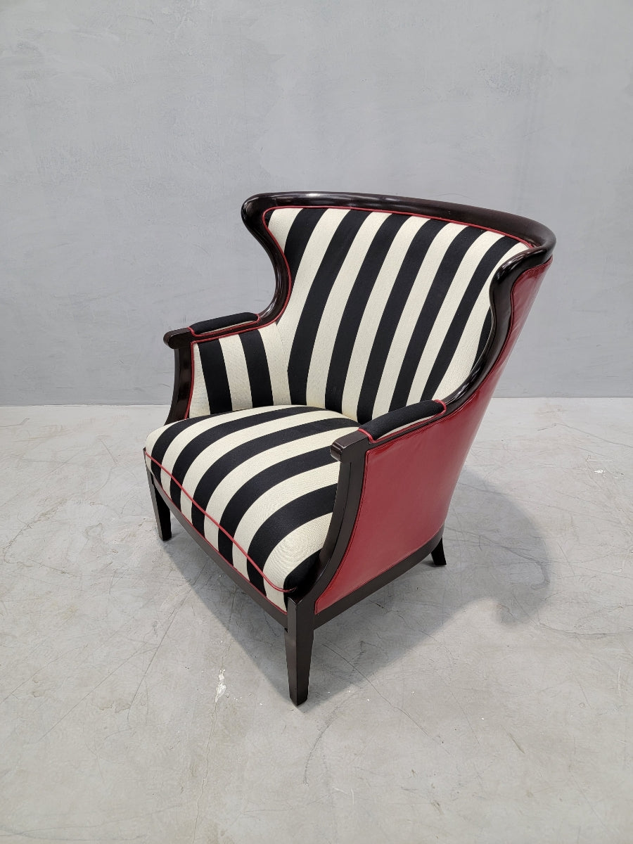 Regency Style Baker Furniture Wingback Chair Newly Custom Upholstered in Black & White Striped Fabric w/ Holly Hunt Red Patent-Leather & Trim