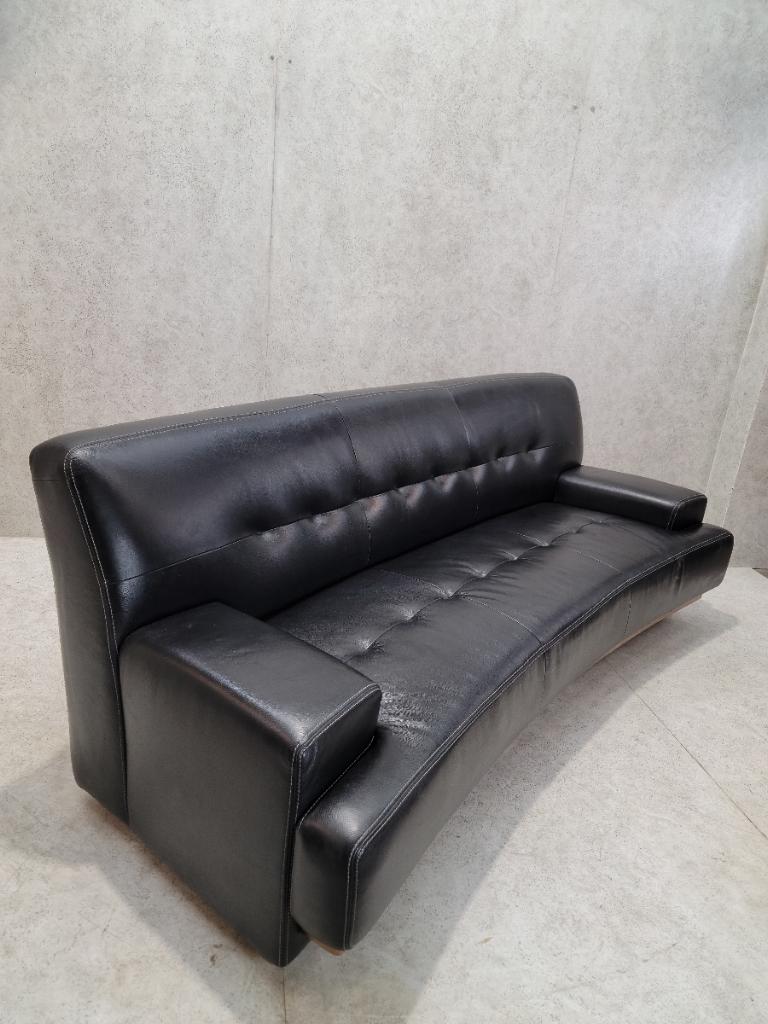 Vintage German Curved Black Leather Mandalay Sofa By W. Schillig