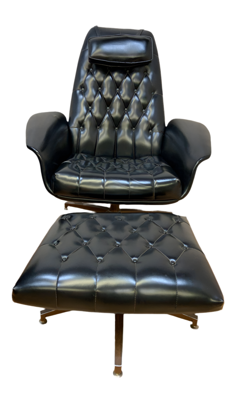 Mid Century Modern George Mulhauser Mr. Chair Lounge Chair & Ottoman in Black Leatherette